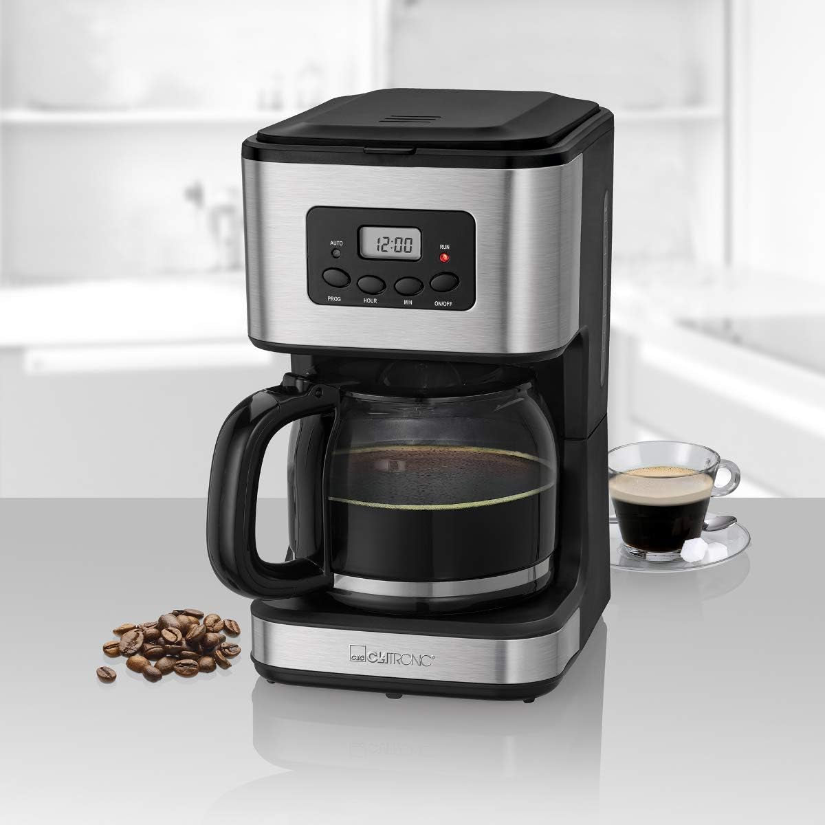 Kávovar Clatronic® s časovačem, 1,5 litrová karafa na 12-14 šálků kávy, 24h LCD časovač, funkce udržování teploty, proti odkapávání, vyjímatelný filtr, displej a kontrolky, 900W - KA 3642