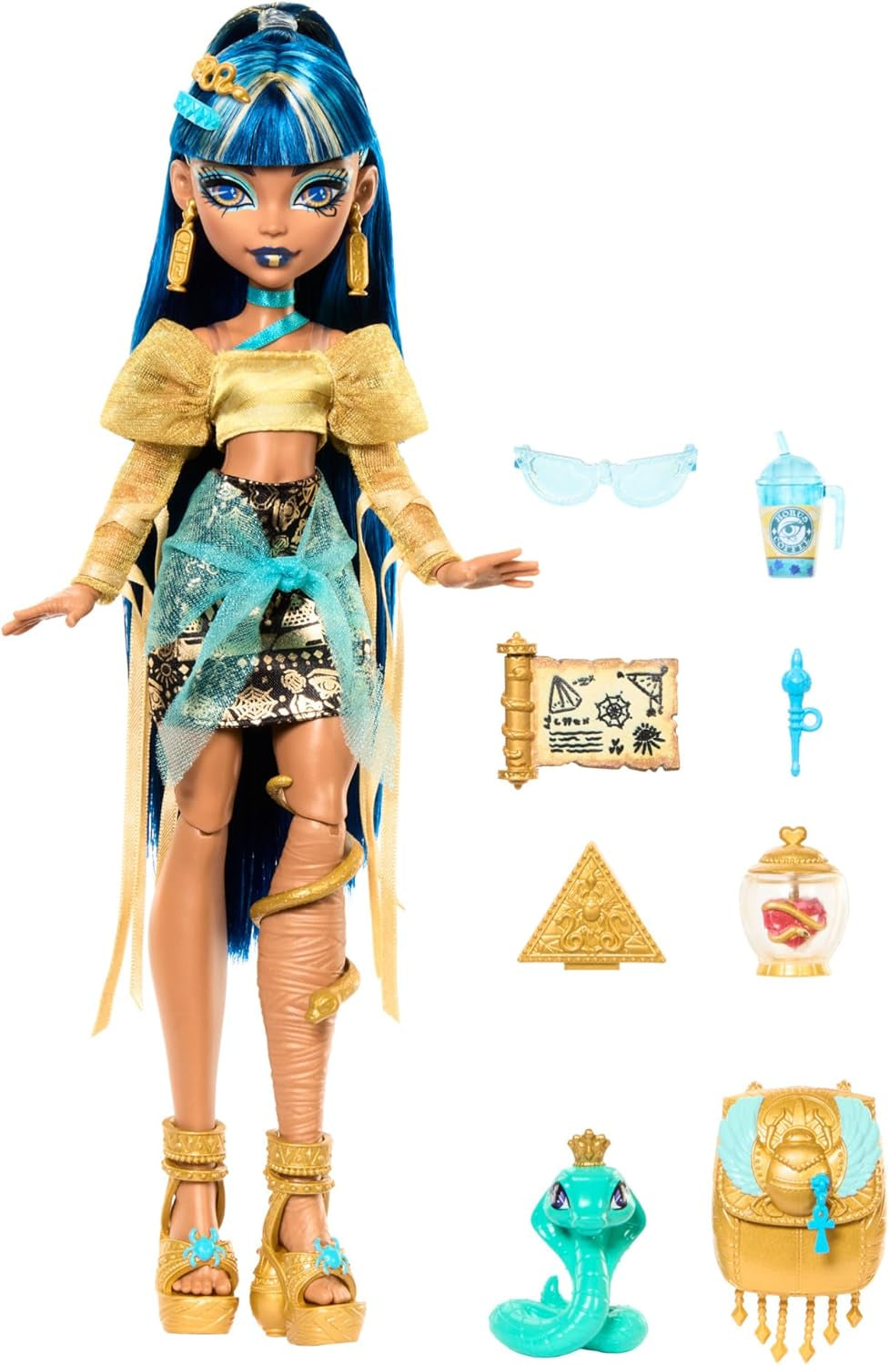 Panenka Monster High Cleo De Nile ve zlaté halence a vrstvené sukni, včetně mazlíčka Cobra Hissette a příslušenství, jako je batoh, svačina a papírová role, panenky HXH74 Naty Shop
