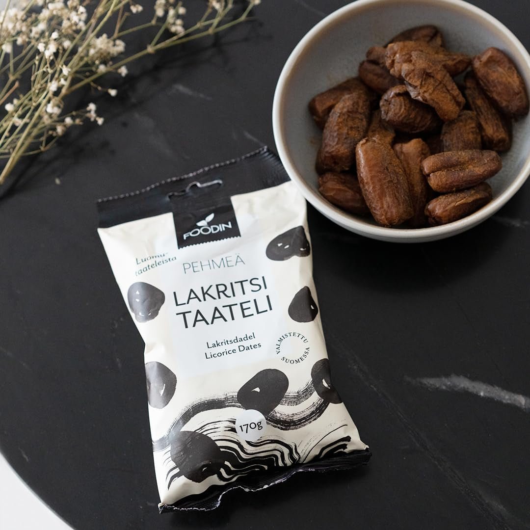 Foodin data Veganské, bezlepkové, jemné, sladké a zdravé pochoutky Sušené ovoce s lékořicovým práškem na svačinu, pečení a další - Made in Vaajakoski (3x170g) Dehydrované produkty Naty Shop