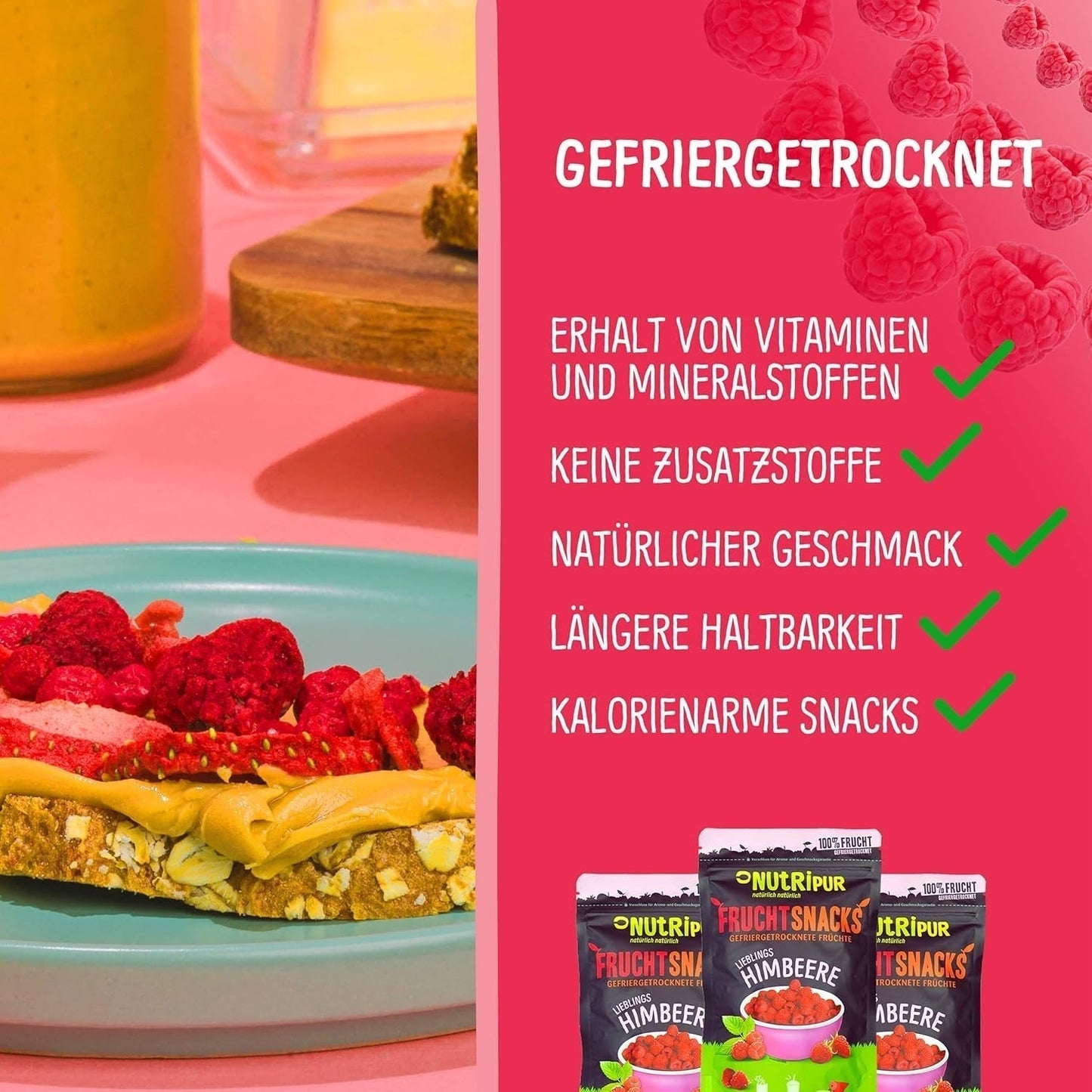 Lyofilizované ovoce: 100 g lyofilizovaných malin do smoothie bowl, müsli, polevy na kaši - lyofilizované bobule bez přidaného cukru - lyofilizované bobule - ovoce z NutriPur Dehydrated products Naty Shop