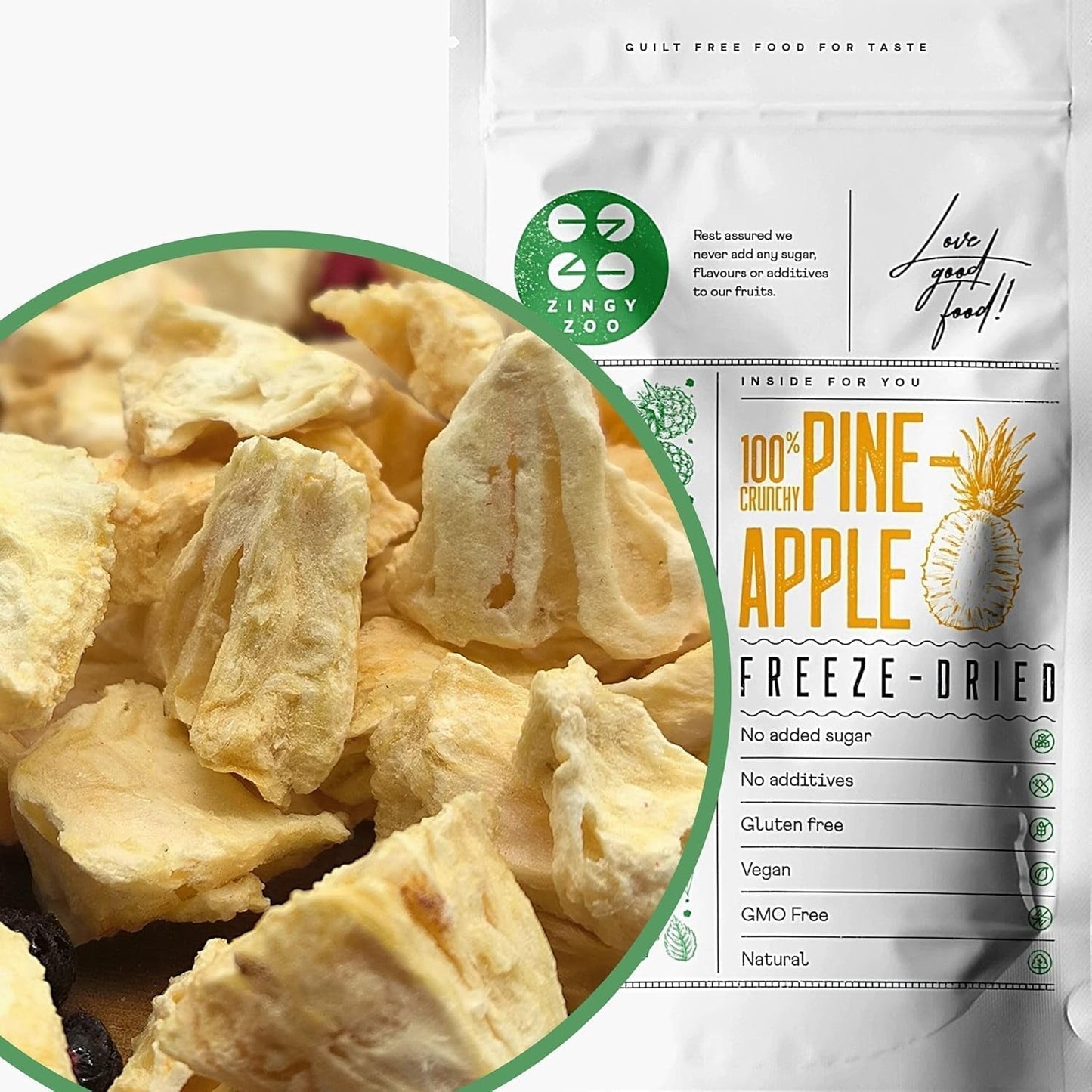 Ovoce sušené mrazem | Ananas 100% čistý Mrazem sušené ovoce Mrazem sušený ananas | Mrazem sušené ovoce bez přidaného cukru | Křupavý lyofilizovaný ananas - aromatický - lahodný ZingyZoo Dehydratované produkty Naty Shop 100G