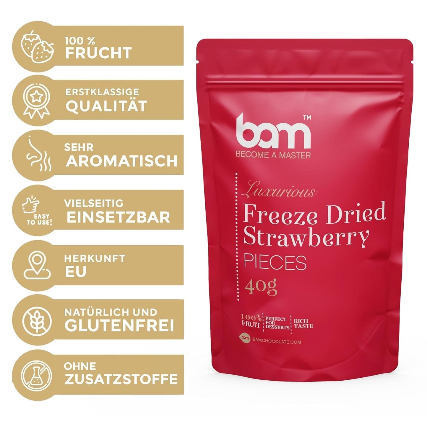 Mrazem sušené ovoce BAM, 40 gramů, přírodní ovoce, dokonalé dezerty, bohatá chuť (jahoda) Dehydrované produkty Naty Shop