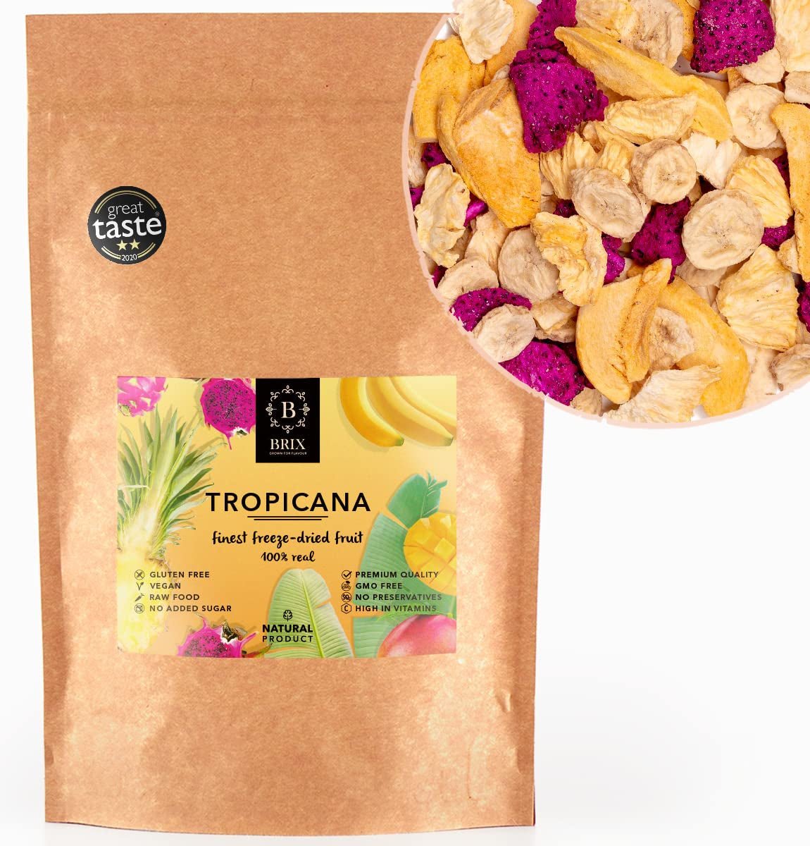 Mrazem sušené ovoce BRIX | Přírodní, suchá směs tropického ovoce 80 g | Cena Great Taste Award za sušené ovoce | Bez GMO, bez lepku, vegan, vitamíny jsou konzervované Naty Shop Dehydratované produkty Výchozí název