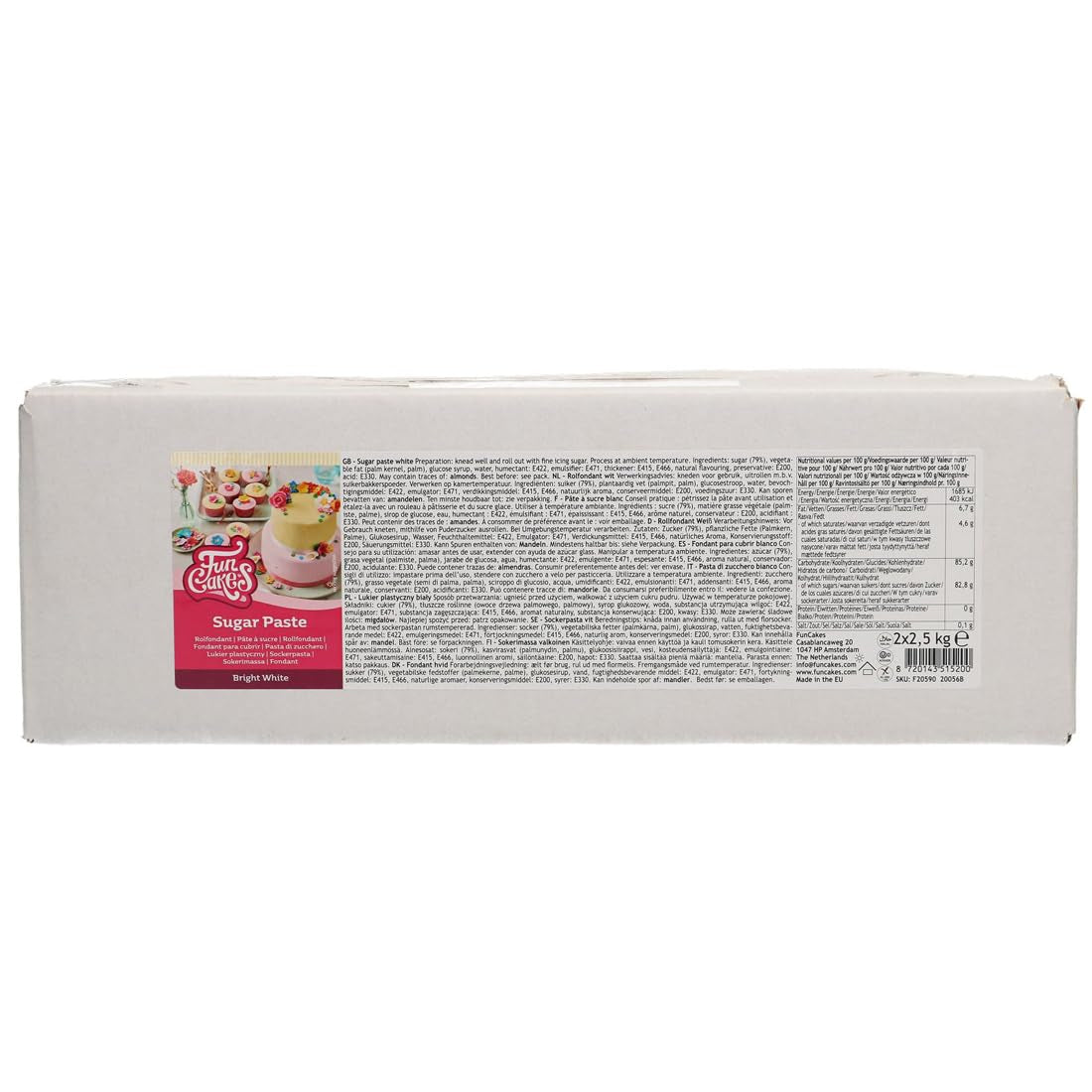 FunCakes Roll Fondant Bright White: Snadno se používá, hladký, pružný, měkký a poddajný, ideální pro zdobení dortů, halal, košer a bez lepku. 5 kg (2 × 2,5 kg) cukrová pasta Naty Shop Default Title