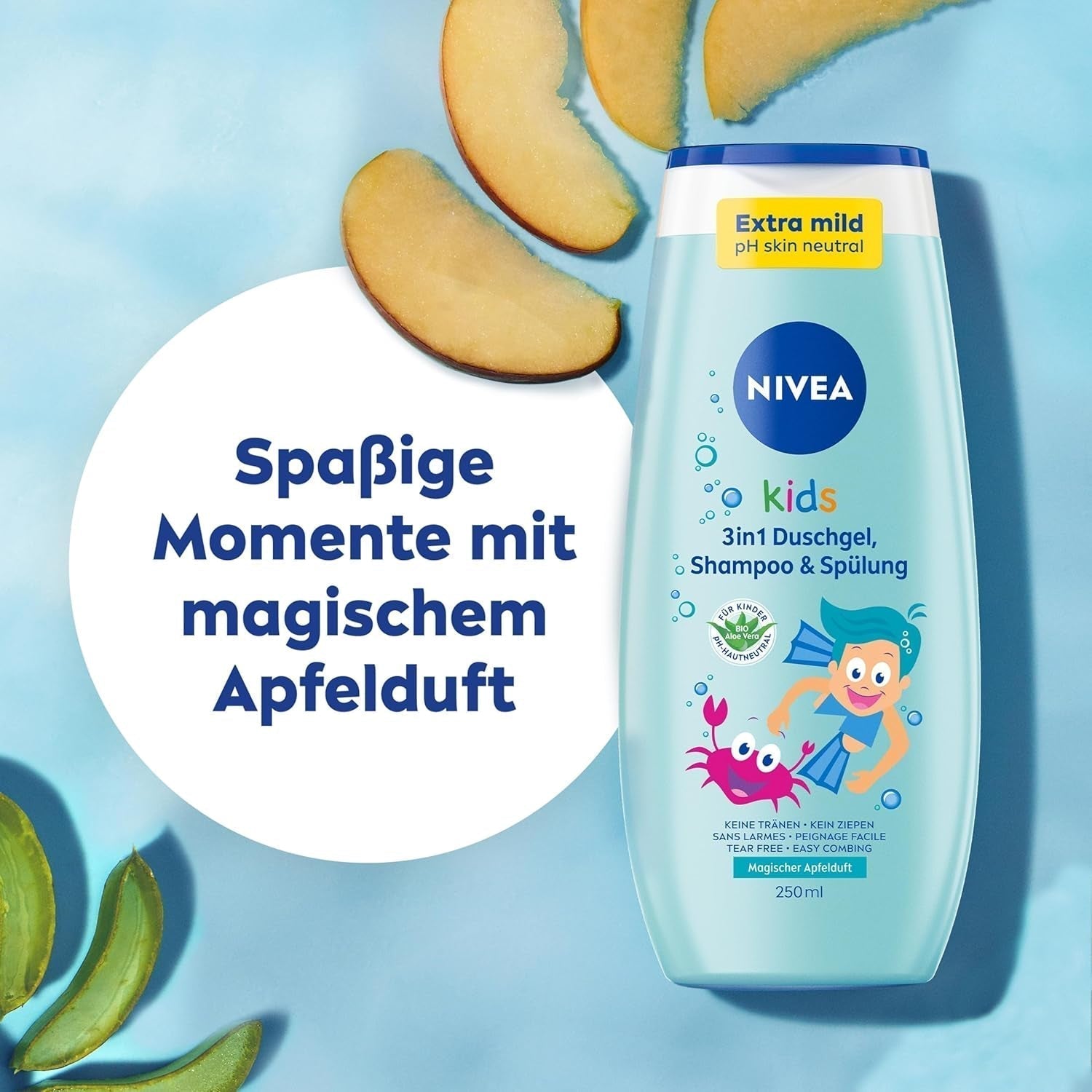 Sprchový gel, šampon a kondicionér NIVEA KIDS 3v1, péče a čištění pro děti s kouzelnou vůní jablka, extra jemná péče bez mýdla pro dětské vlásky a pokožku (250 ml) Děti - péče o pleť a koupel Naty Shop