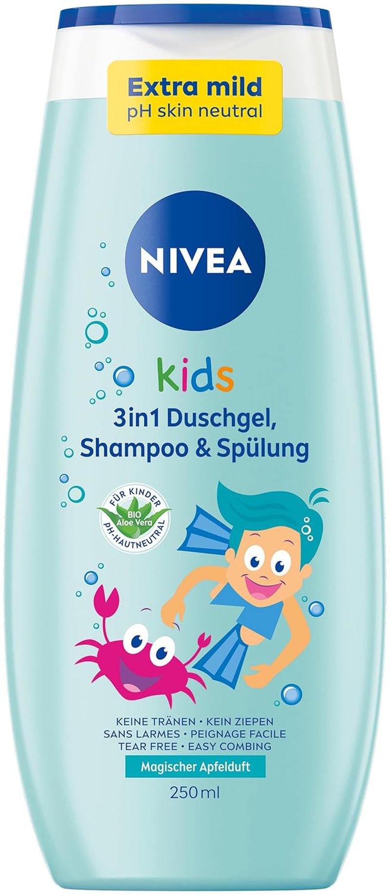 Sprchový gel, šampon a kondicionér NIVEA KIDS 3v1, péče a čištění pro děti s kouzelnou vůní jablka, extra jemná péče bez mýdla pro dětské vlásky a pokožku (250 ml) Děti - Koupel a péče o pleť Naty Shop Vůně jablka - 0 mikroplastů