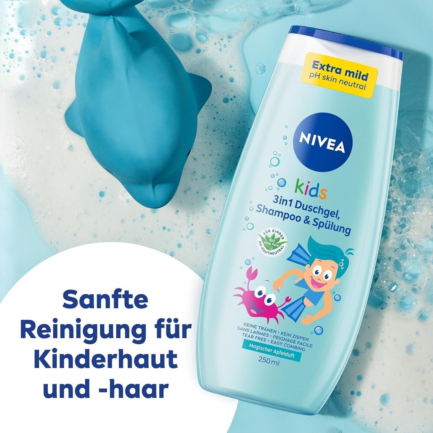 Sprchový gel, šampon a kondicionér NIVEA KIDS 3v1, péče a čištění pro děti s kouzelnou vůní jablka, extra jemná péče bez mýdla pro dětské vlásky a pokožku (250 ml) Děti - péče o pleť a koupel Naty Shop