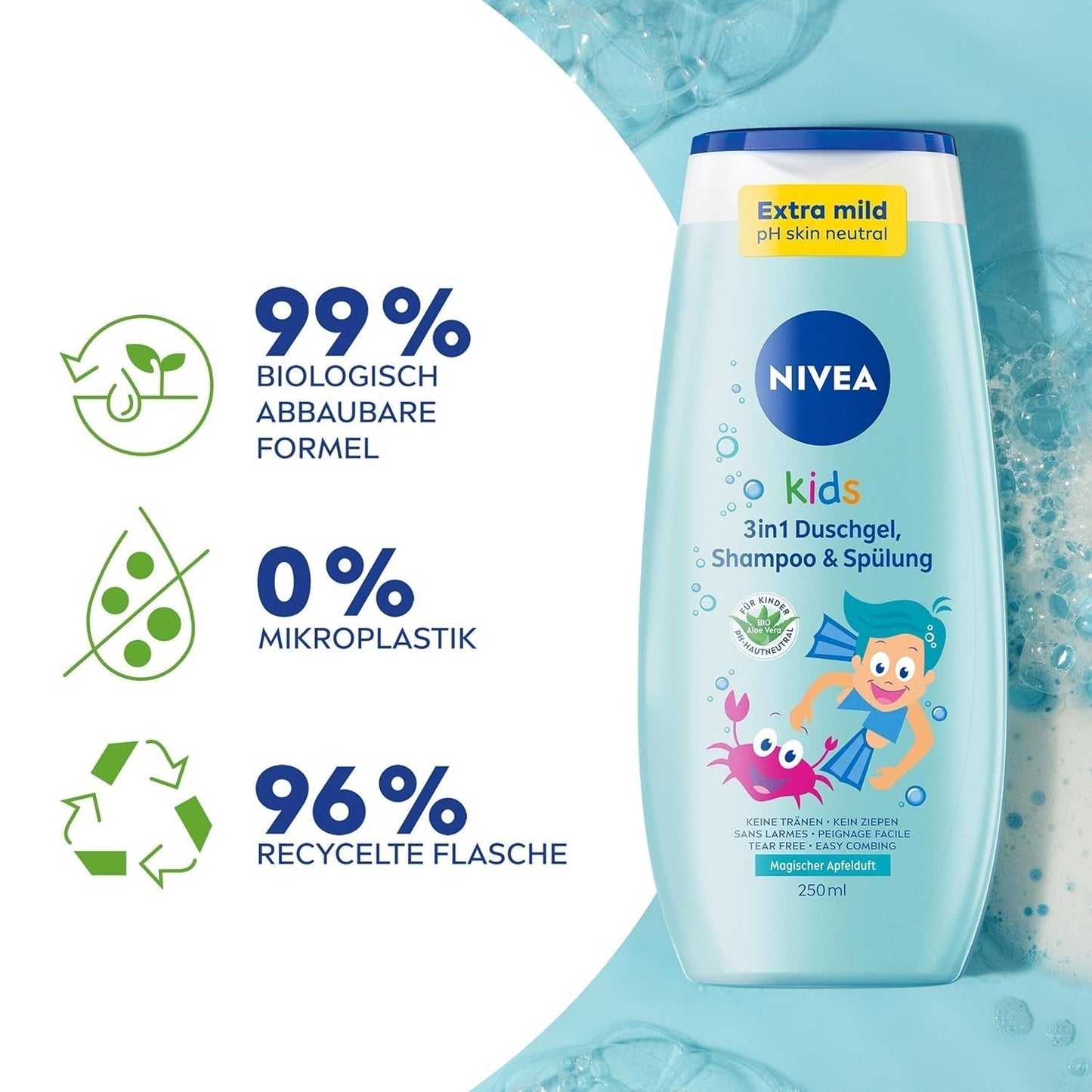 Sprchový gel, šampon a kondicionér NIVEA KIDS 3v1, péče a čištění pro děti s kouzelnou vůní jablka, extra jemná péče bez mýdla pro dětské vlásky a pokožku (250 ml) Děti - péče o pleť a koupel Naty Shop