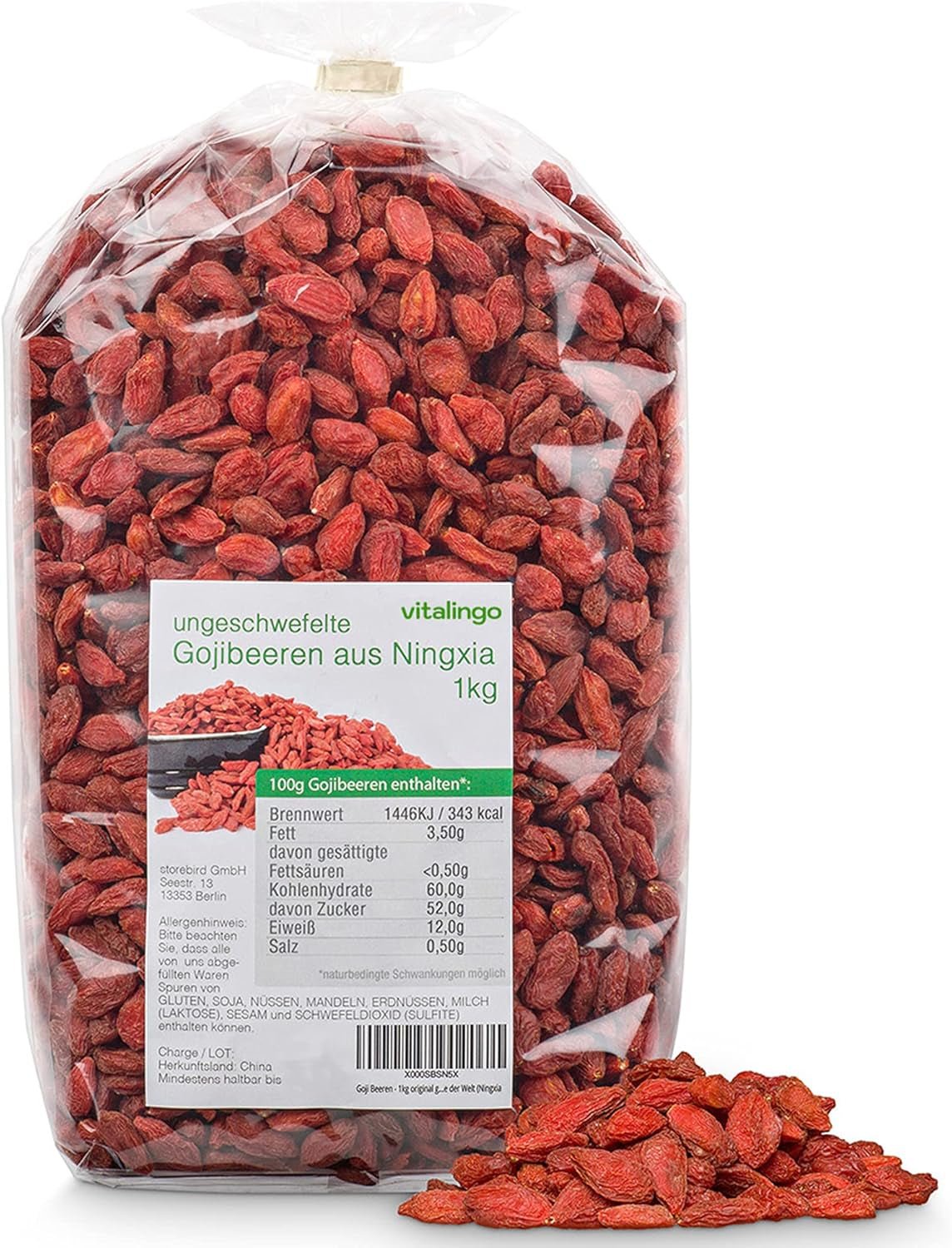 Goji bobule - 1 kg sušených a nesířených plodů kustovnice z jedné z nejlepších pěstitelských oblastí na světě, Ningxia China Sušené produkty Naty Shop Výchozí název