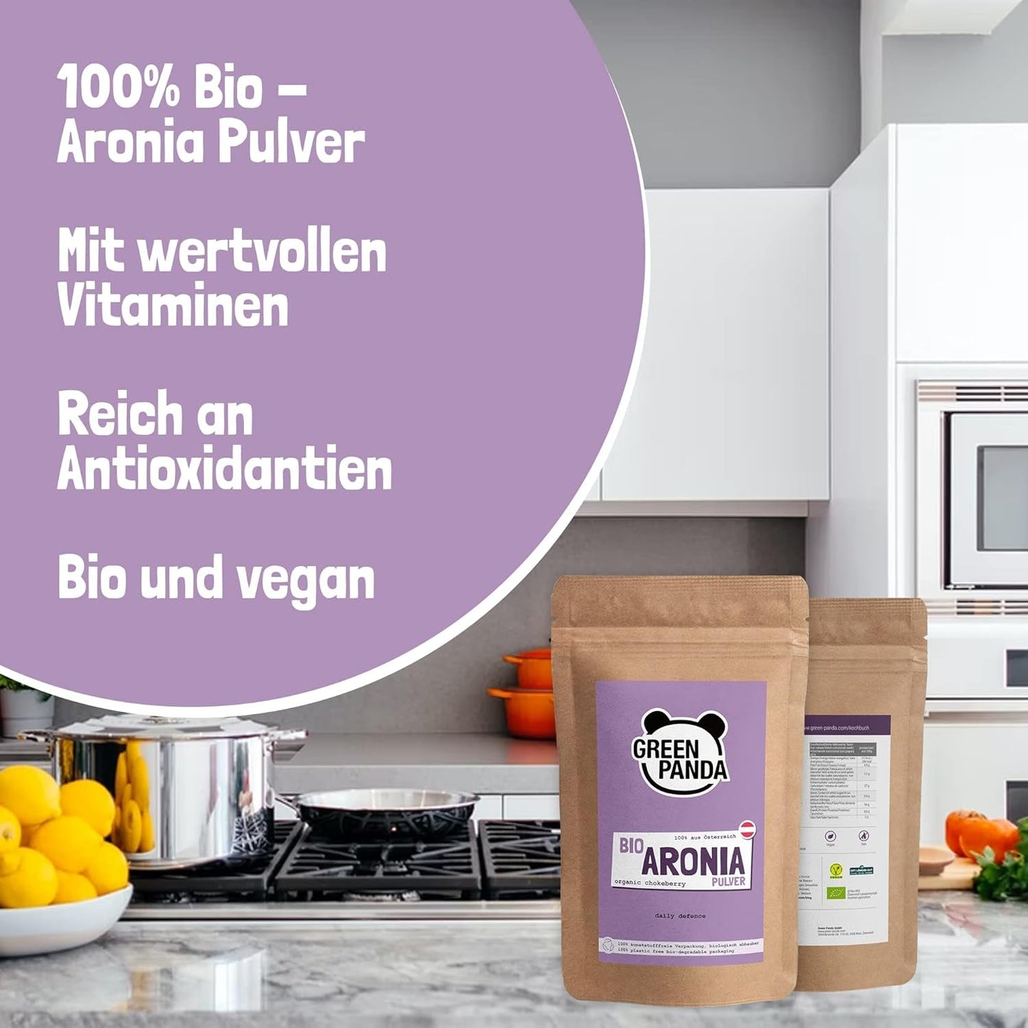 GREEN PANDA® organický prášek z aronie z Rakouska | jemně mleté ​​sušené aronie | bio aronie bez přísad | regionální alternativa prášku acai a plodů goji | 500 g dehydratovaných produktů Naty Shop