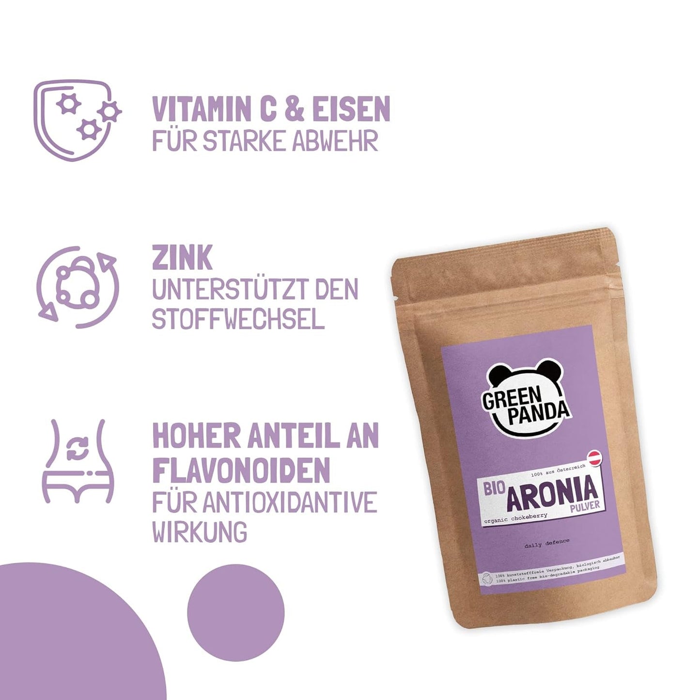 GREEN PANDA® organický prášek z aronie z Rakouska | jemně mleté ​​sušené aronie | bio aronie bez přísad | regionální alternativa prášku acai a plodů goji | 500 g dehydratovaných produktů Naty Shop