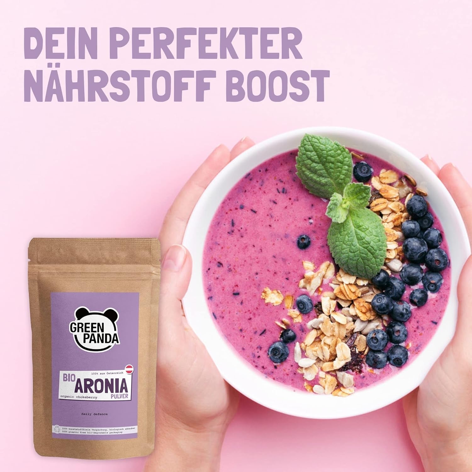GREEN PANDA® organický prášek z aronie z Rakouska | jemně mleté ​​sušené aronie | bio aronie bez přísad | regionální alternativa prášku acai a plodů goji | 500 g dehydratovaných produktů Naty Shop
