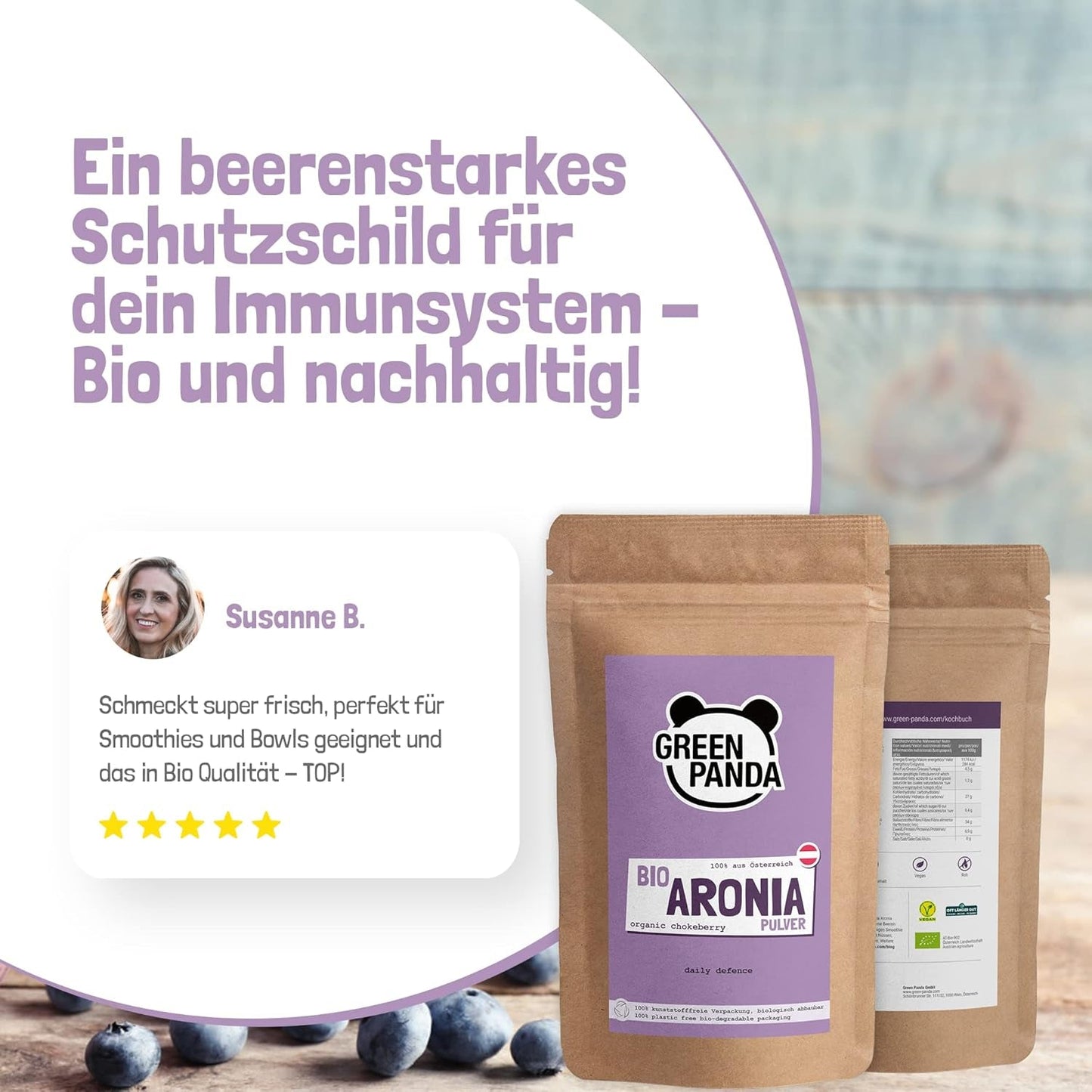 GREEN PANDA® organický prášek z aronie z Rakouska | jemně mleté ​​sušené aronie | bio aronie bez přísad | regionální alternativa prášku acai a plodů goji | 500 g dehydratovaných produktů Naty Shop