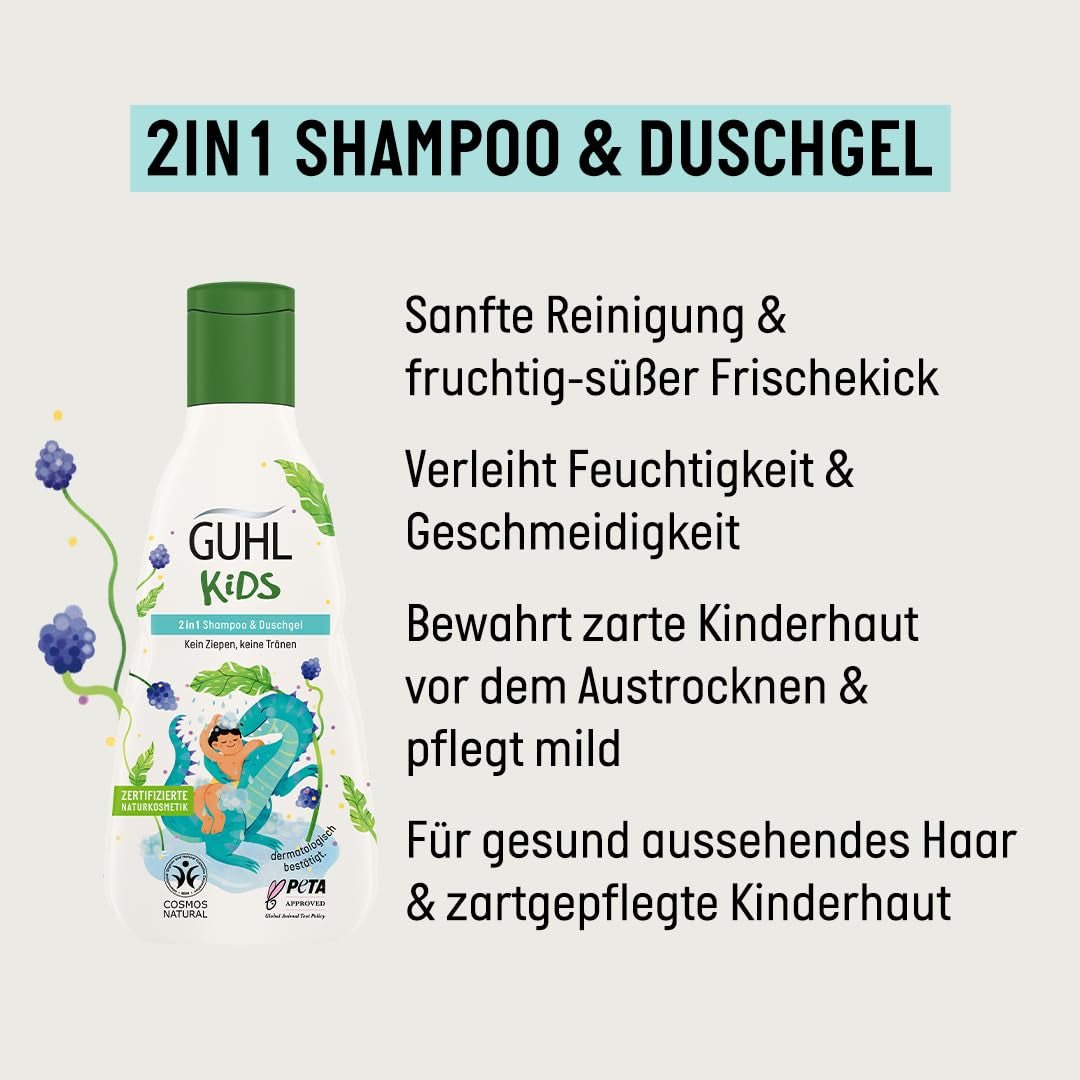 Sada výhod Guhl Kids Dino - 2x Guhl Kids šampon & sprchový gel 2v1, 250ml + 1x Pixi kniha - Speciálně vyvinutá pro děti - Bez tahání - Certifikát Cosmos Natural Děti - Koupel a péče o pleť Naty Shop