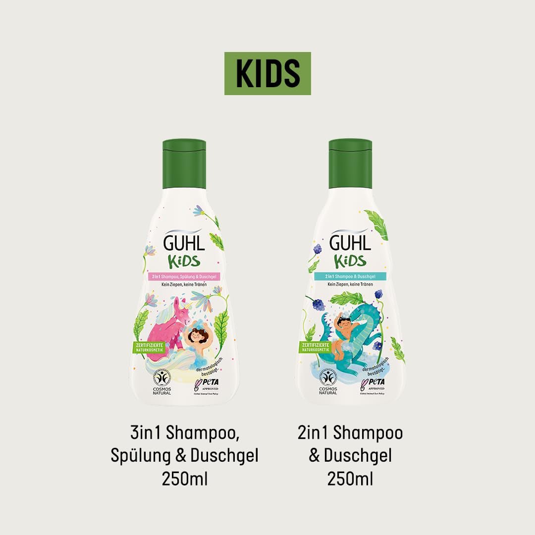 Sada výhod Guhl Kids Dino - 2x Guhl Kids šampon & sprchový gel 2v1, 250ml + 1x Pixi kniha - Speciálně vyvinutá pro děti - Bez tahání - Certifikát Cosmos Natural Děti - Koupel a péče o pleť Naty Shop