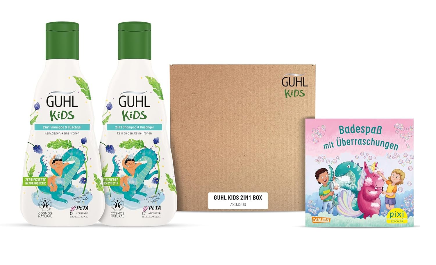 Sada výhod Guhl Kids Dino - 2x Guhl Kids šampon & sprchový gel 2v1, 250ml + 1x Pixi kniha - Speciálně vyvinutá pro děti - Bez tahání - Certifikát Cosmos Natural Děti - Koupel a péče o pleť Naty Shop