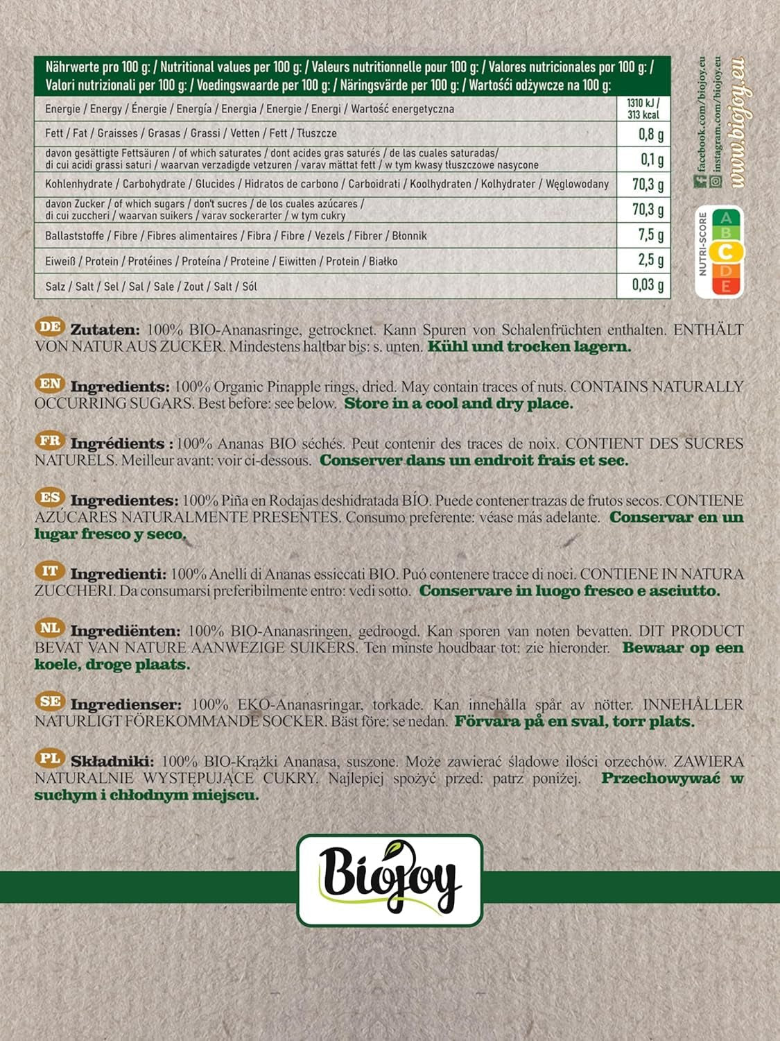Biojoy BIO ananasové kroužky, sušené (1 kg), nesířené dehydratované produkty Naty Shop