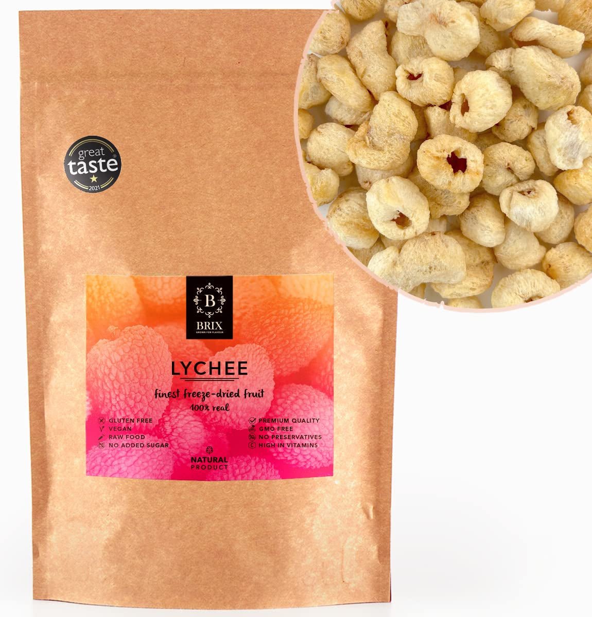 Sušené liči BRIX | Přírodní liči, sušené 95 g | Cena Great Taste Award za sušené ovoce | Bez GMO, Bezlepkové, Veganské, Konzervované vitamíny Naty Shop Dehydratované produkty Výchozí název