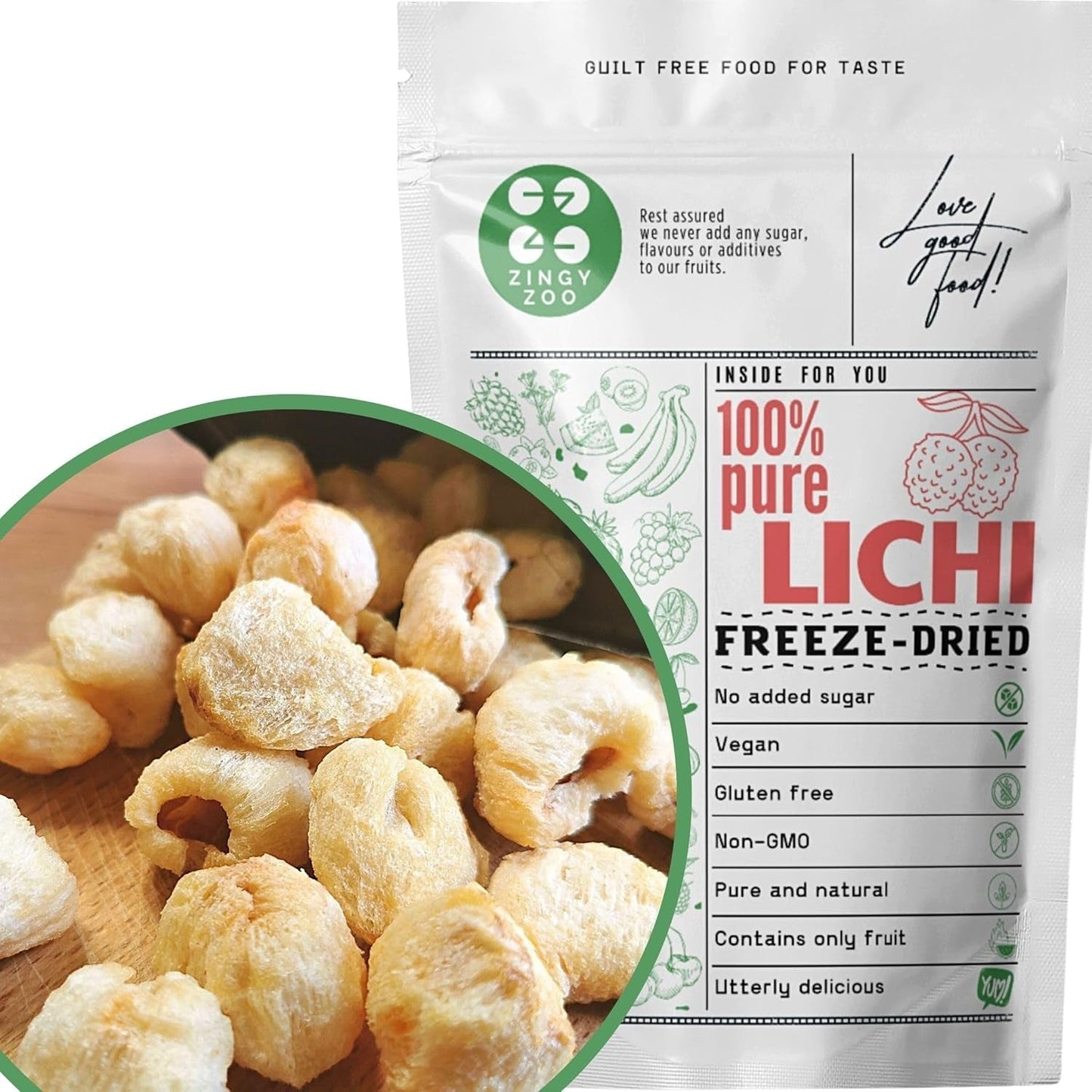 Liči sušené mrazem | 100% liči sušené mrazem sušené ovoce | přirozeně sušené veganské bezlepkové | Ne Liči šťáva Liči sirup | Mrazem sušené ovoce tropické liči | ZingyZoo Dehydratované produkty Naty Shop Výchozí název