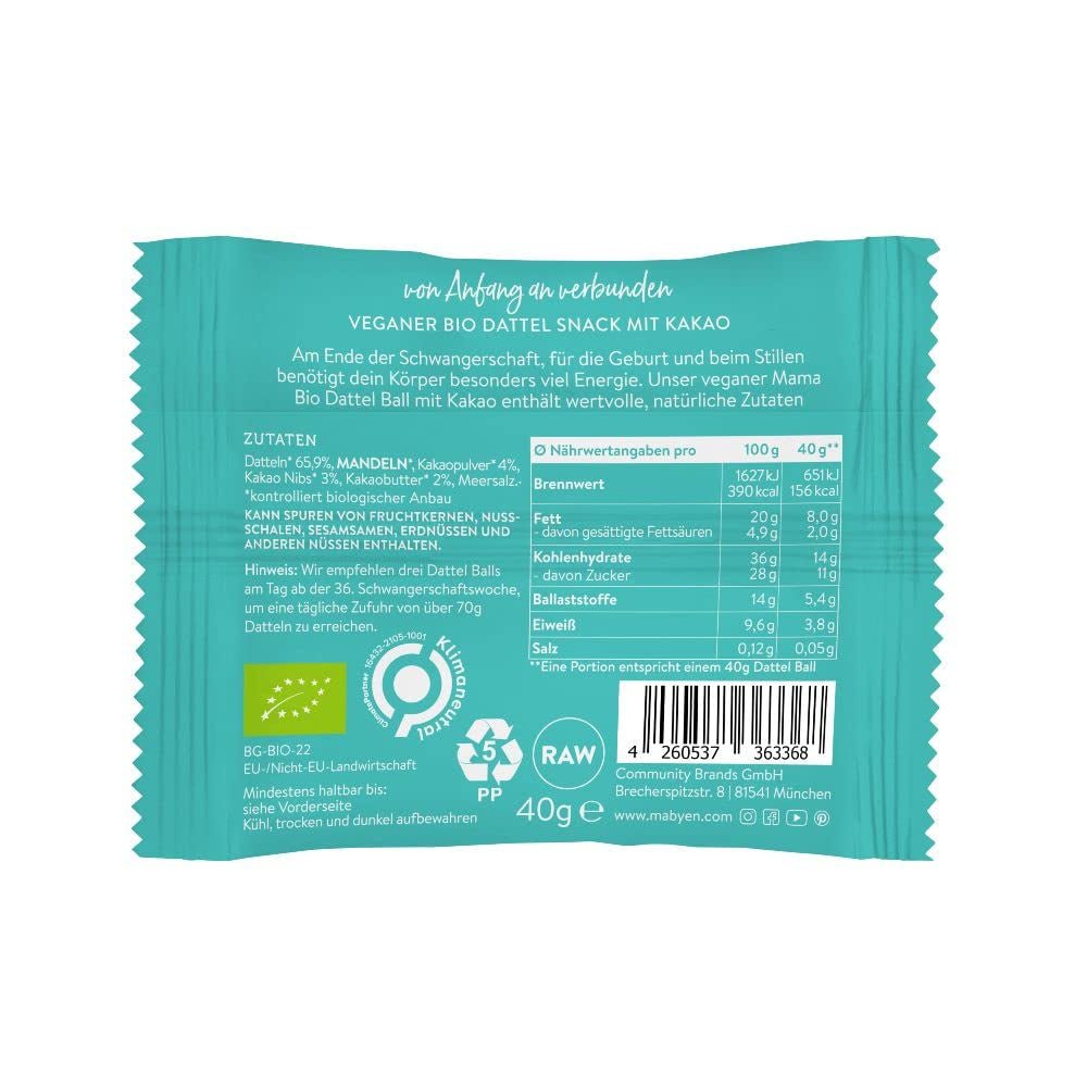 MABYEN Energy Balls Date Bio 20 ks. | Datle - Zdravé svačiny bez cukru pro těhotenství a kojení - Proteinové tyčinky se sušeným ovocem - 13 x kakao a 7 x dehydrované produkty s příchutí manga Naty Shop