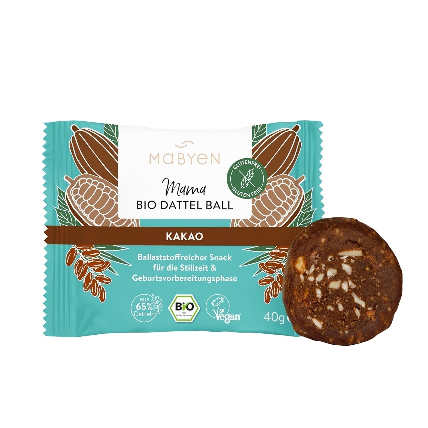 MABYEN Energy Balls Date Bio 20 ks. | Datle - Zdravé svačinky bez cukru pro těhotenství a kojení - Proteinová tyčinka se sušeným ovocem - Kakaová příchuť Dehydrované produkty Naty Shop