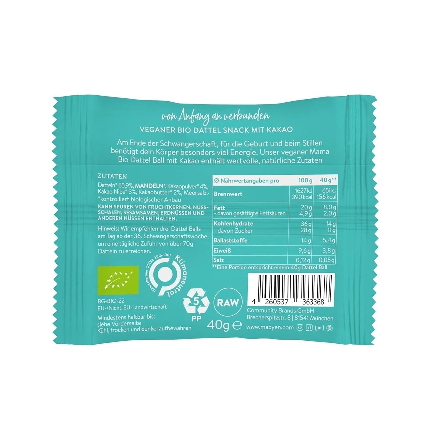 MABYEN Energy Balls Date Bio 20 ks. | Datle - Zdravé svačinky bez cukru pro těhotenství a kojení - Proteinová tyčinka se sušeným ovocem - Kakaová příchuť Dehydrované produkty Naty Shop