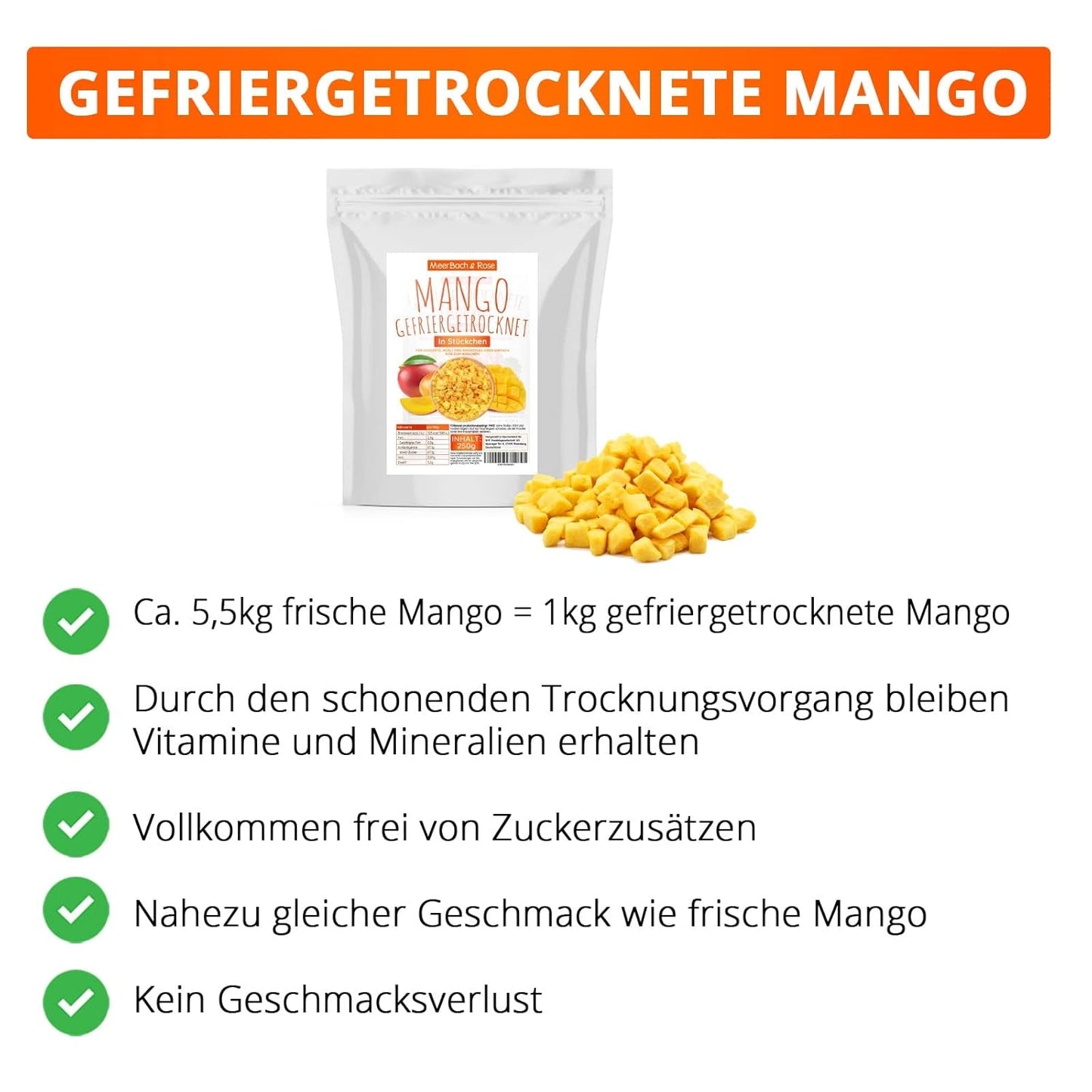 Lyofilizované mango, 250g lyofilizované ovoce, bez přísad, ovocné, vyrobeno v Německu Dehydrované produkty Naty Shop