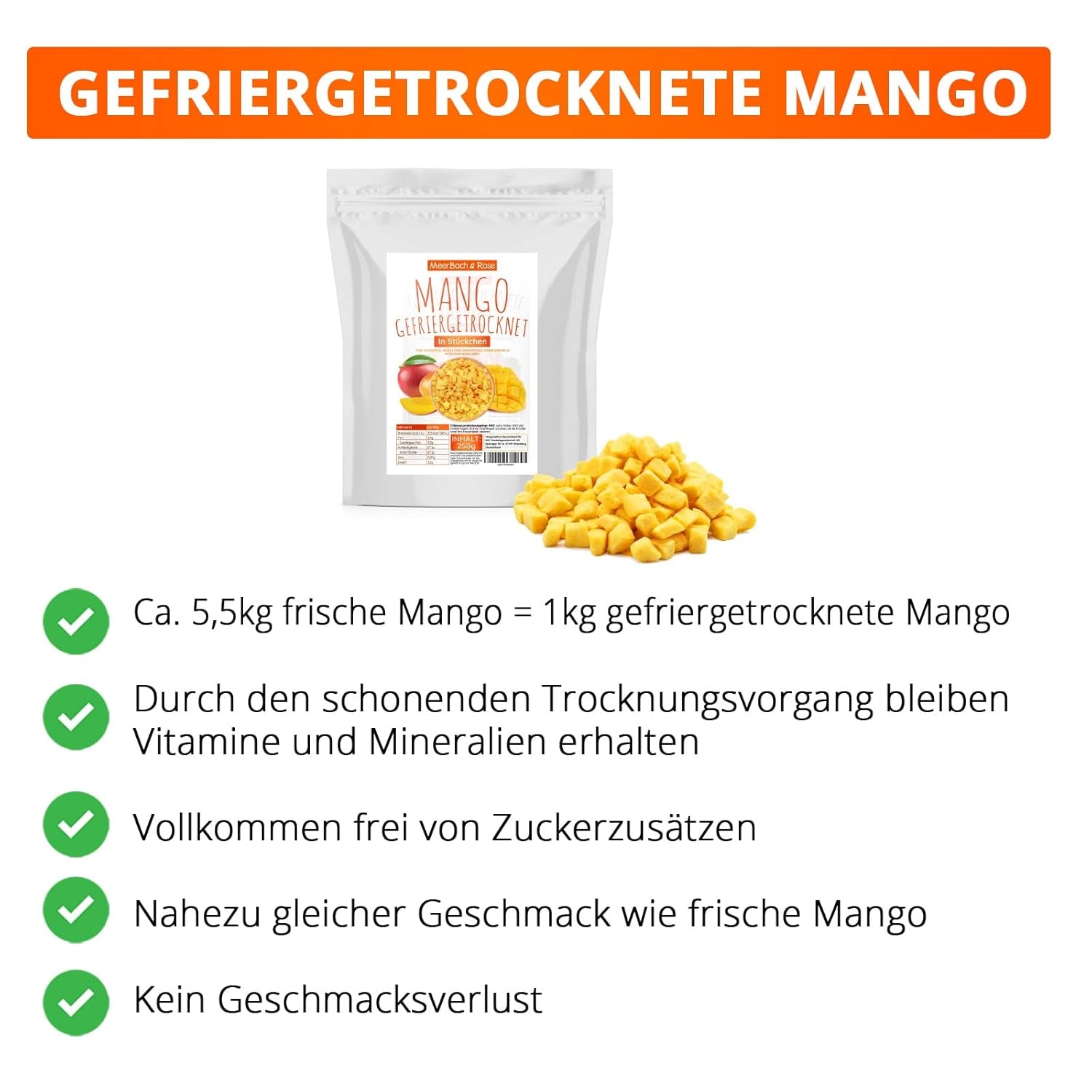Lyofilizované mango, 250g lyofilizované ovoce, bez přísad, ovocné, vyrobeno v Německu Dehydrované produkty Naty Shop