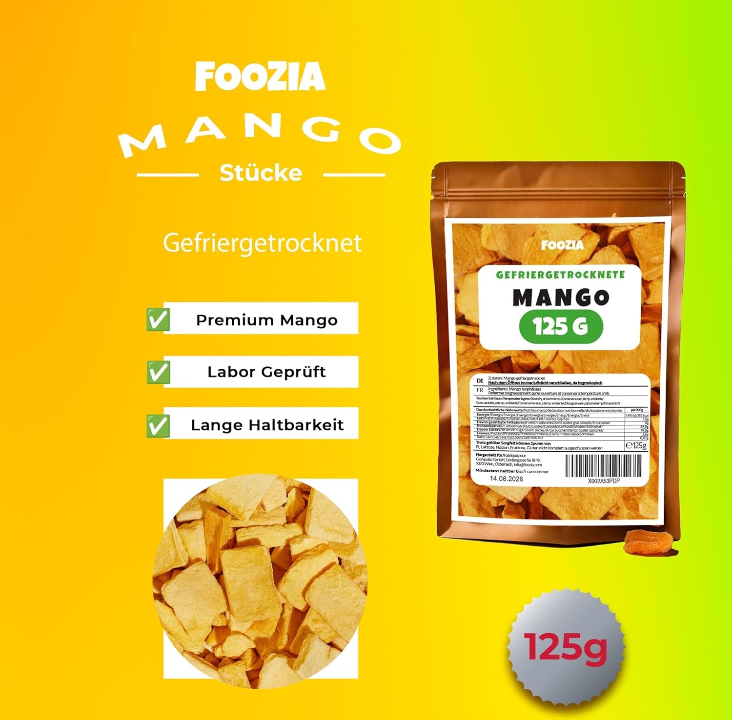 Lyofilizované mango velké kusy Lyofilizované ovoce Bez přísad 100% čisté přírodní mango Lyofilizované mango Sušené ovoce Sušené mango 125g od Foozia (125g) Dehydrované produkty Naty Shop