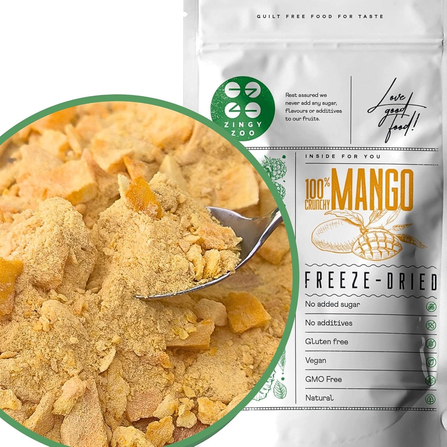Mango sušené mrazem | Bez přidaného cukru Lyofilizované mango | Mrazem sušené mango Mango ovoce Sušené mango | Sušené mango Sušené ovoce bez přísad | ZingyZoo Sušené mango (100 g) Dehydratované produkty Naty Shop Crushed Pieces 300 g