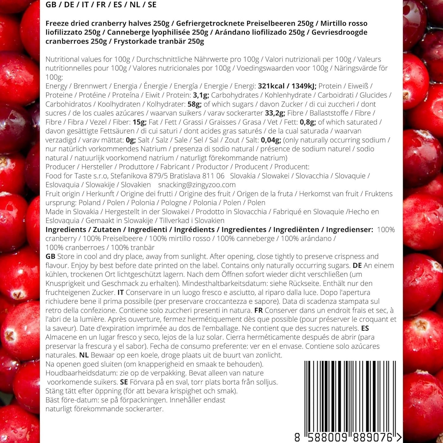 Lyofilizované brusinky bez cukru | XL 250g Lyofilizované přírodní neslazené brusinky | Lyofilizované přírodní divoké ovoce | Lyofilizované brusinky | ZingyZoo Dehydratované produkty Naty Shop
