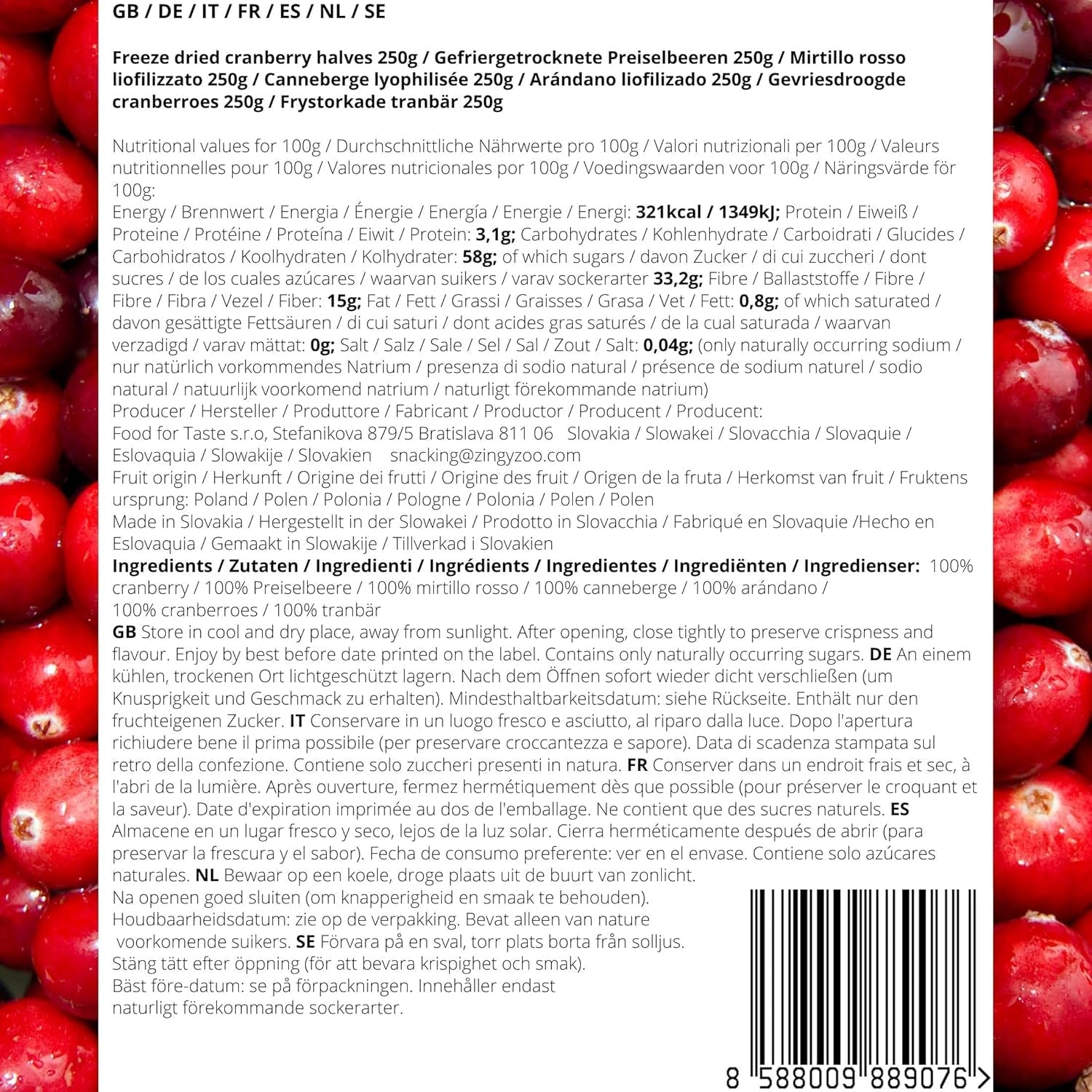 Lyofilizované brusinky bez cukru | XL 250g Lyofilizované přírodní neslazené brusinky | Lyofilizované přírodní divoké ovoce | Lyofilizované brusinky | ZingyZoo Dehydratované produkty Naty Shop