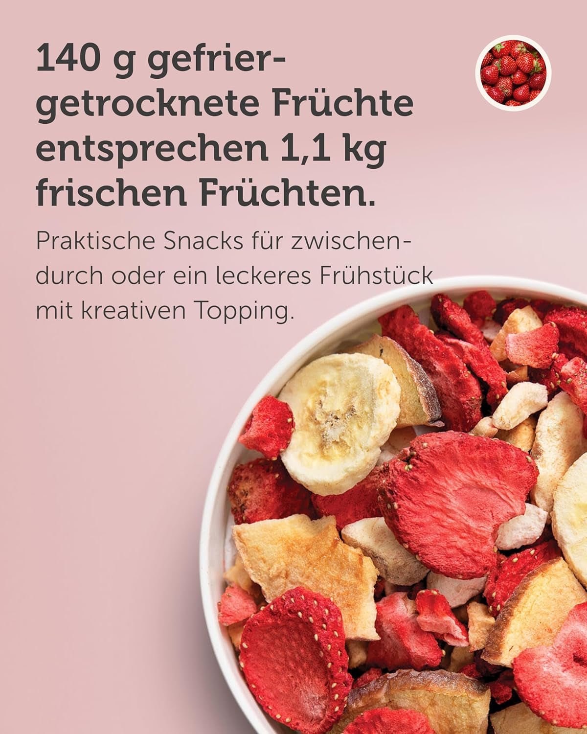 Mrazem sušená ovocná směs BUAH® | Lyofilizované jahody, banány, jablka a rybíz bez přidaného cukru | 100% ovoce | Veganské, bezlepkové, bezlaktózové (140g) dehydratované produkty Naty Shop