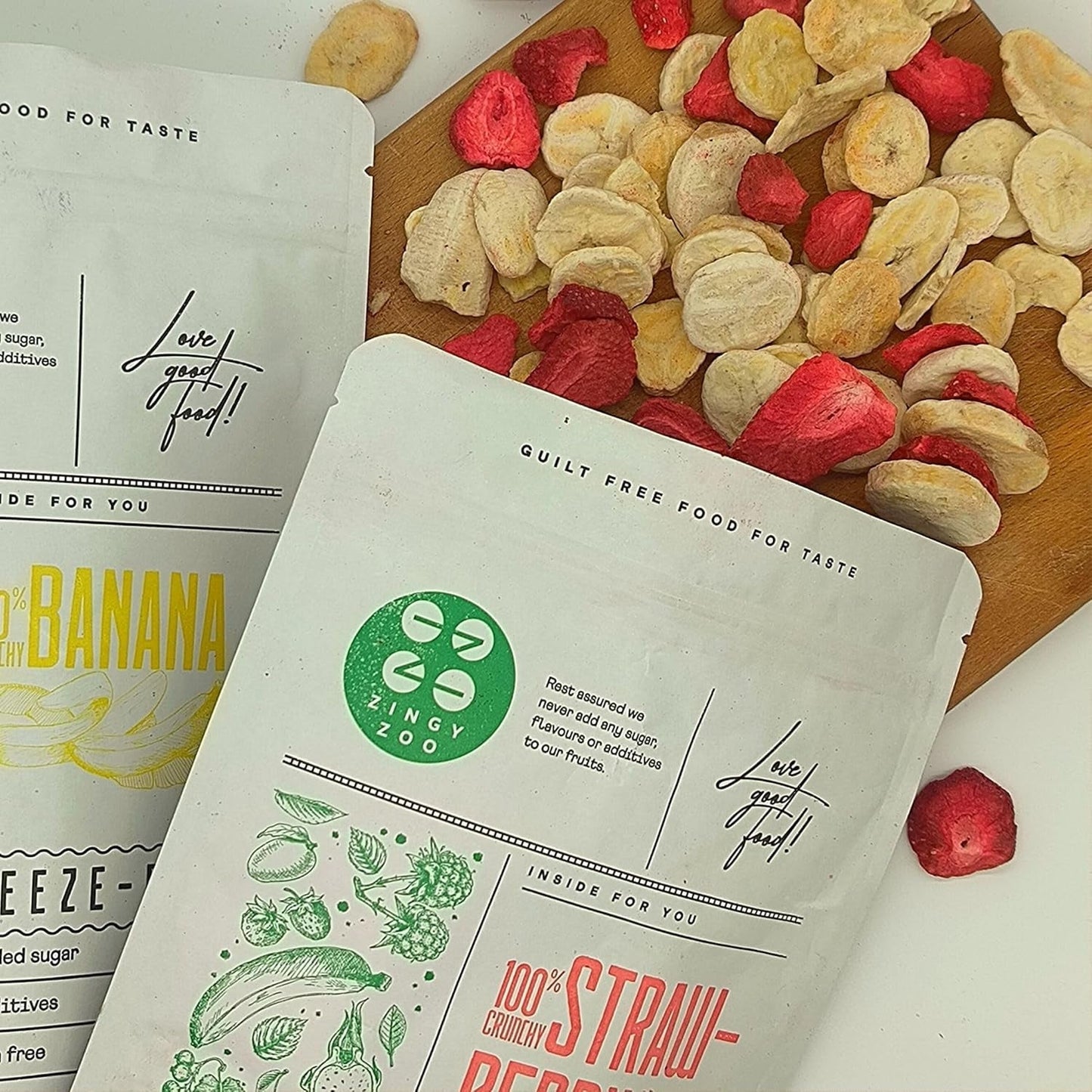 Mix mrazem sušeného ovoce ErdBana XL 300g | Lyofilizované banány + lyofilizované jahody Degustační sada lyofilizovaného ovoce | Mrazem sušená ovocná směs jahod a banánů | ZingyZoo Dehydratované produkty Naty Shop