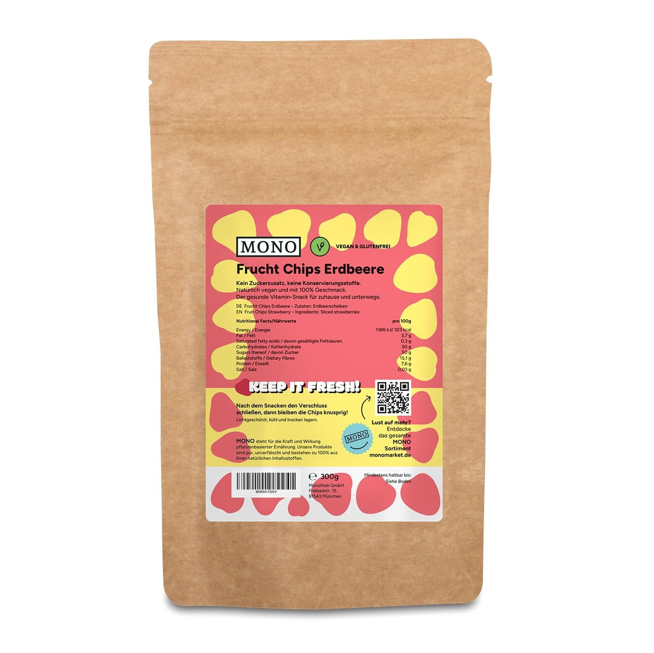 Mono lyofilizované chipsy - 300g jahodové chipsy ze 100% přírodních jahod - sušené tropické ovoce - sušené jahodové ovoce - snack do müsli a dezertů - jahodové chipsy Dehydrované produkty Naty Shop