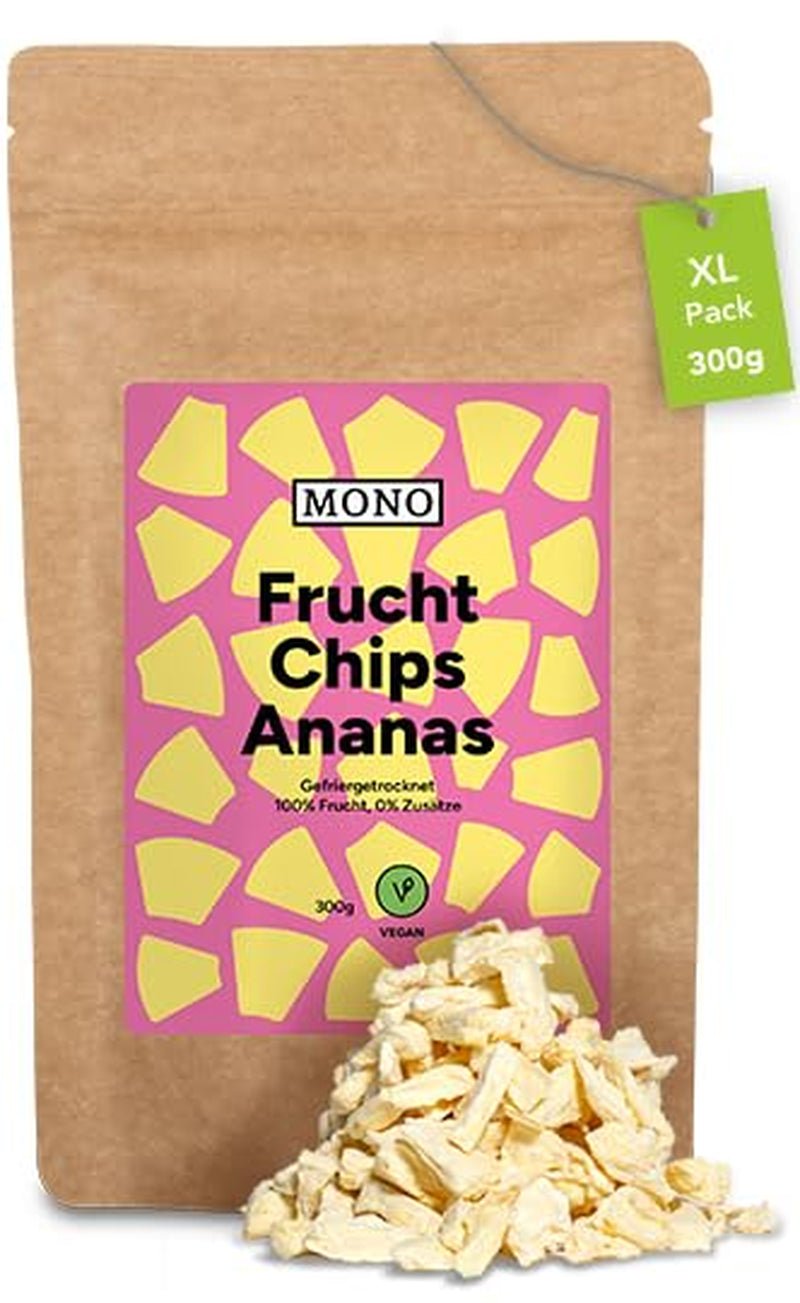 Mono lyofilizované chipsy - 300g jahodové chipsy ze 100% přírodních jahod - sušené tropické ovoce - sušené jahodové ovoce - snack do müsli a dezertů - jahodové chipsy Dehydrované produkty Naty Shop Pineapple chips