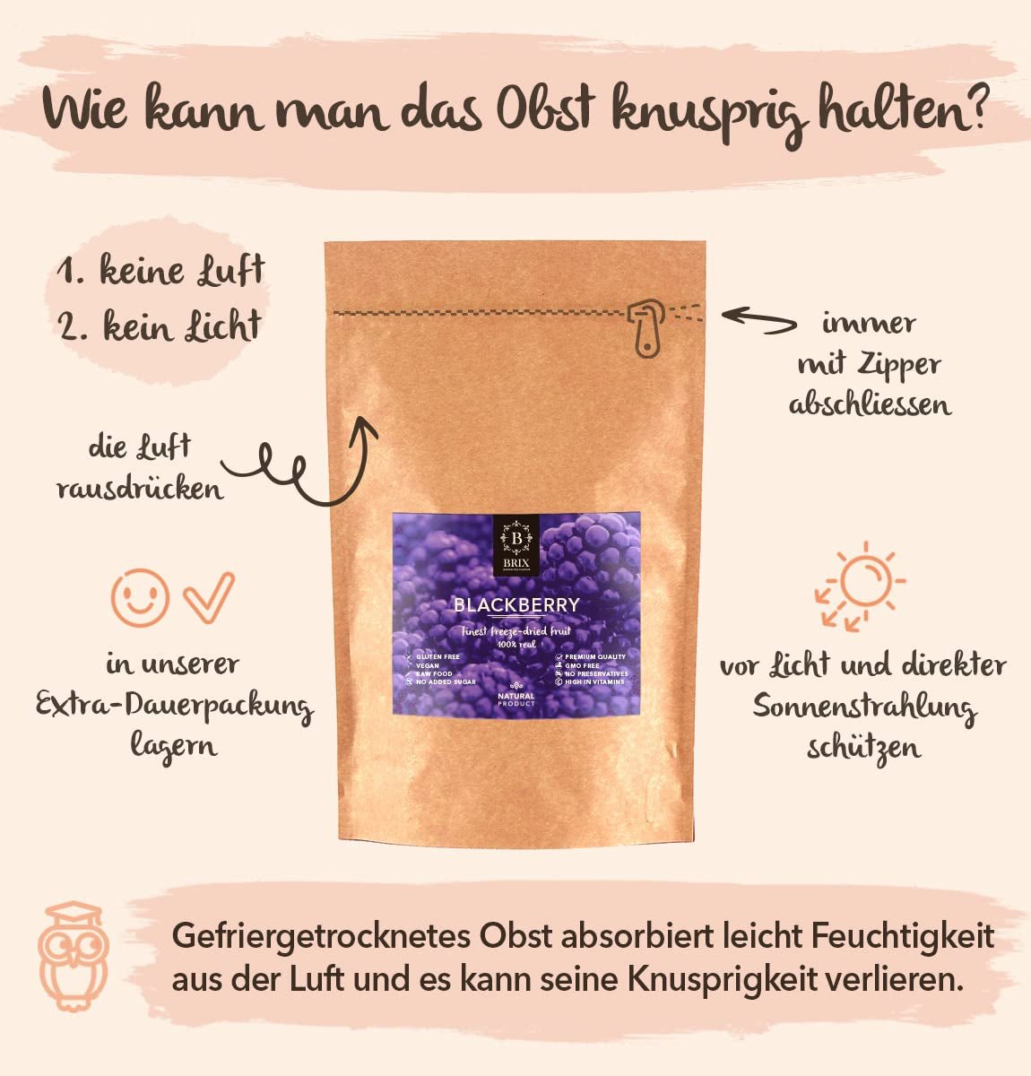 Lyofilizované ostružiny BRIX | Přírodní ostružiny sušené 105 g | Cena za skvělou chuť za sušené bobule | Bez GMO, Bezlepkové, Veganské, Zadržené vitamíny Naty Shop Dehydratované produkty