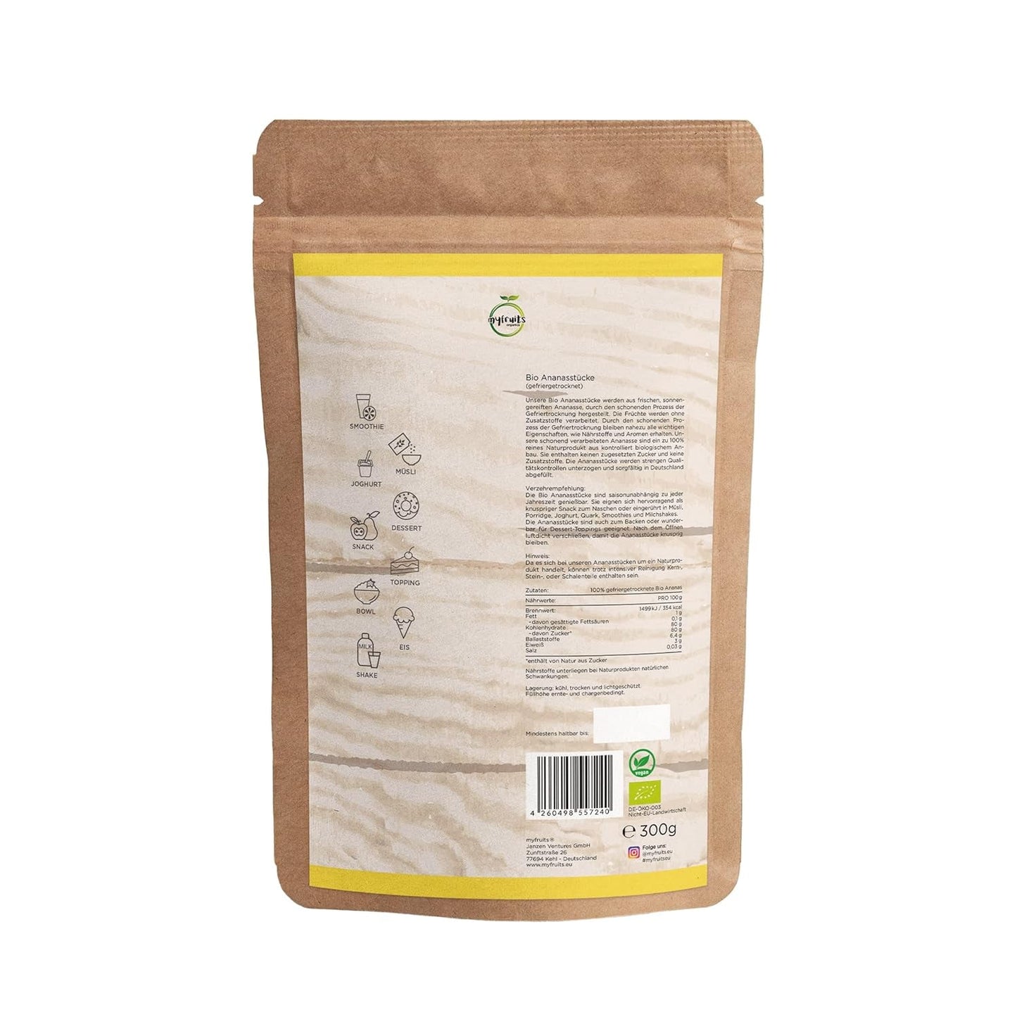 myfruits bio lyofilizovaný ananas, 300g, sušené ovoce bez přísad, 100% ananas na velké kousky, lyofilizované ovoce do müsli nebo jako svačina Dehydrované produkty Naty Shop