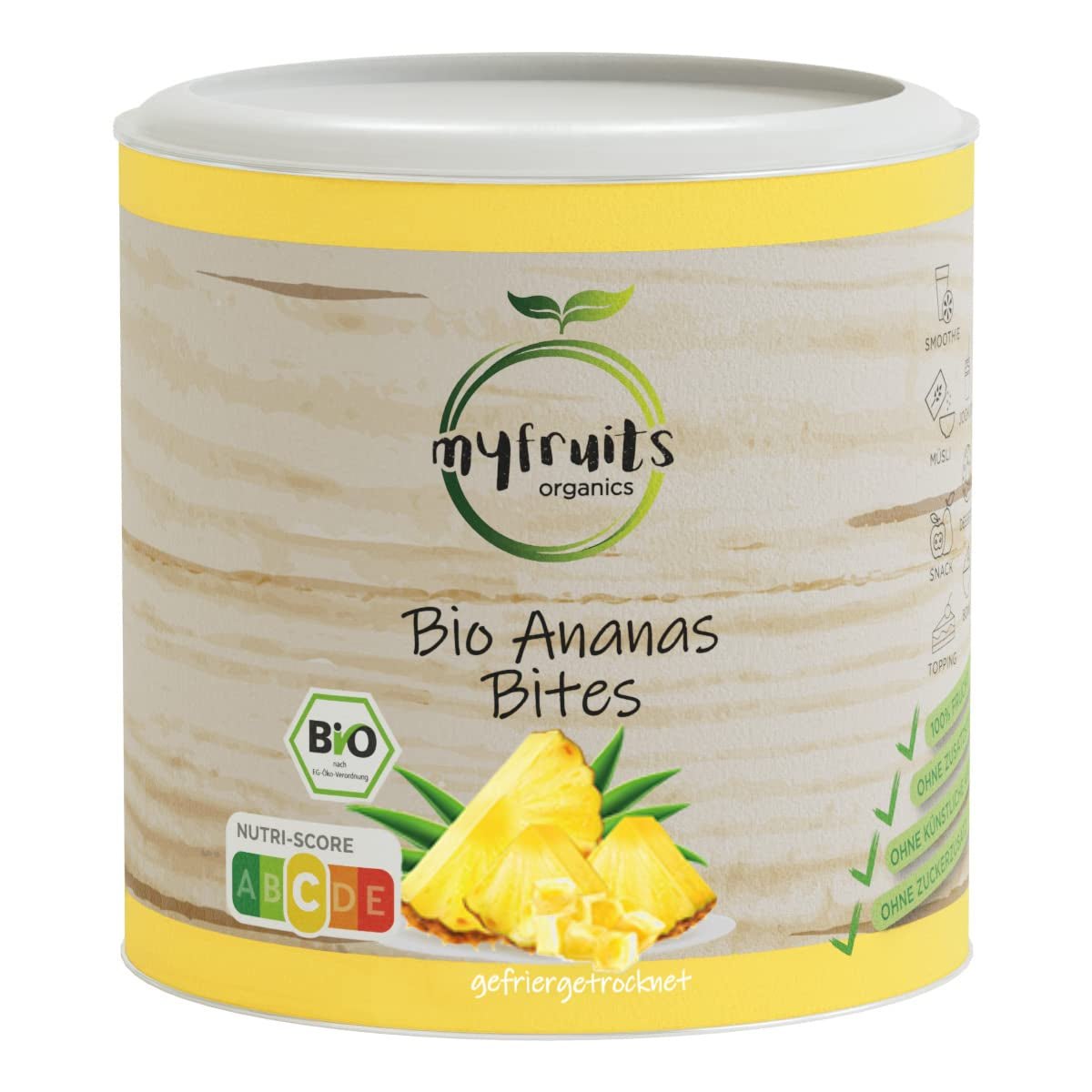 myfruits bio lyofilizovaný ananas, 300g, sušené ovoce bez přísad, 100% ananas na velké kousky, lyofilizované ovoce do müsli nebo jako svačina Dehydrované produkty Naty Shop 85 gramů