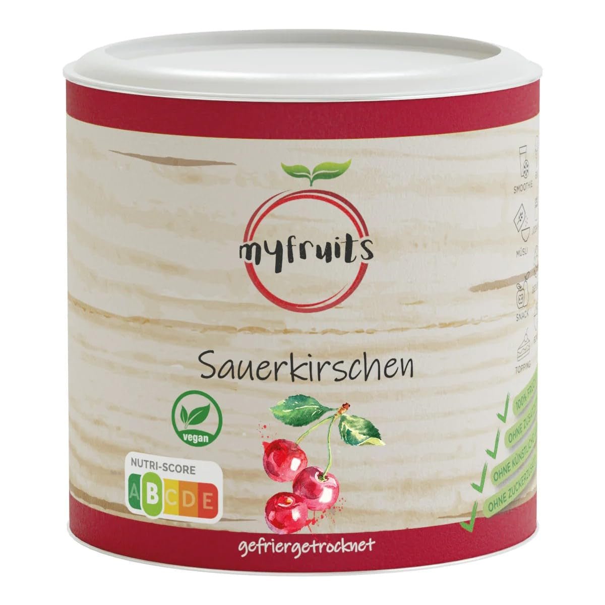 myfruits lyofilizované hořké třešně, 80g, bez přísad, vyrobeno ze 100% třešní, lyofilizovaného a dehydratovaného ovoce Dehydrované produkty Naty Shop Výchozí název