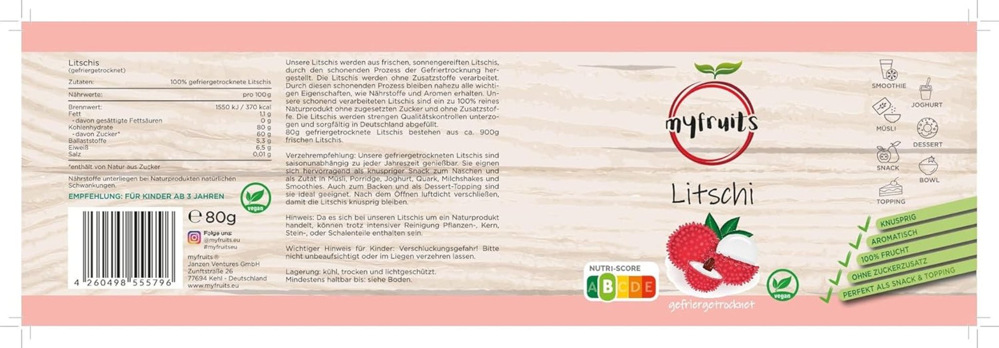 myfruits liči, lyofilizované, 80g, bez přísad, 100% ovoce, lyofilizované ovoce a sušené ovoce Dehydrované produkty Naty Shop