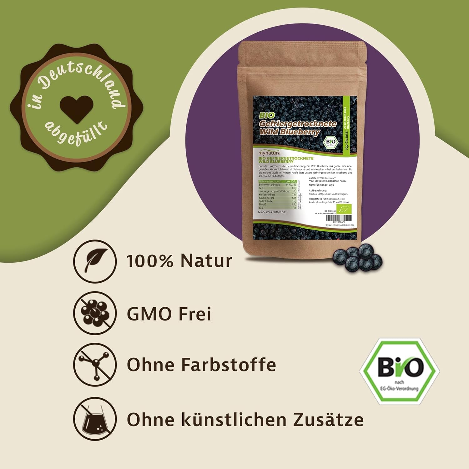 Mynatura bio mrazem sušené lesní borůvky I Borůvky I Ovoce I Bobule I Přírodní produkt I Bio kvalita I Sáček (1x 200g) Dehydrované produkty Naty Shop