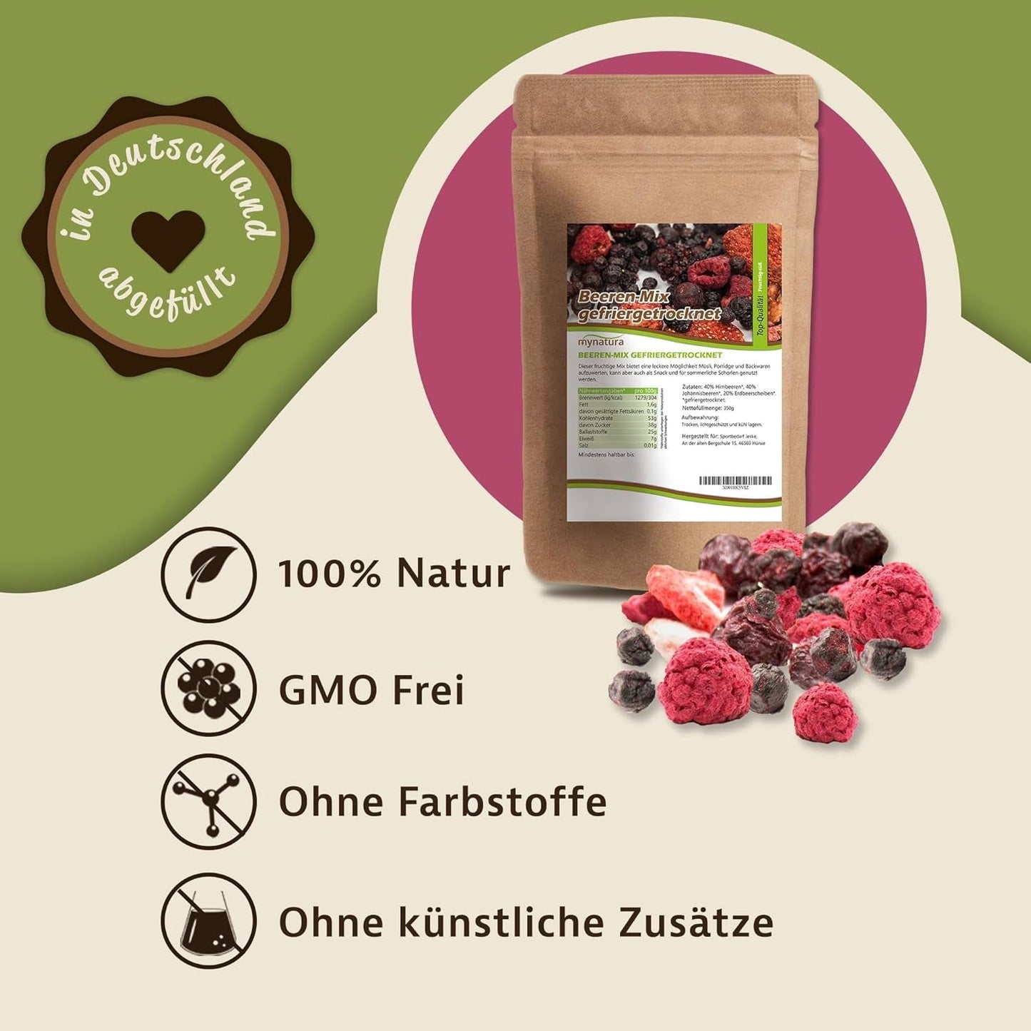 Mynatura Barevná směs mrazem sušených bobulí I Směs ovoce I Maliny I Černý rybíz I Jahody I Ovocné přesnídávky I Veganské I 350g Dehydrované produkty Naty Shop