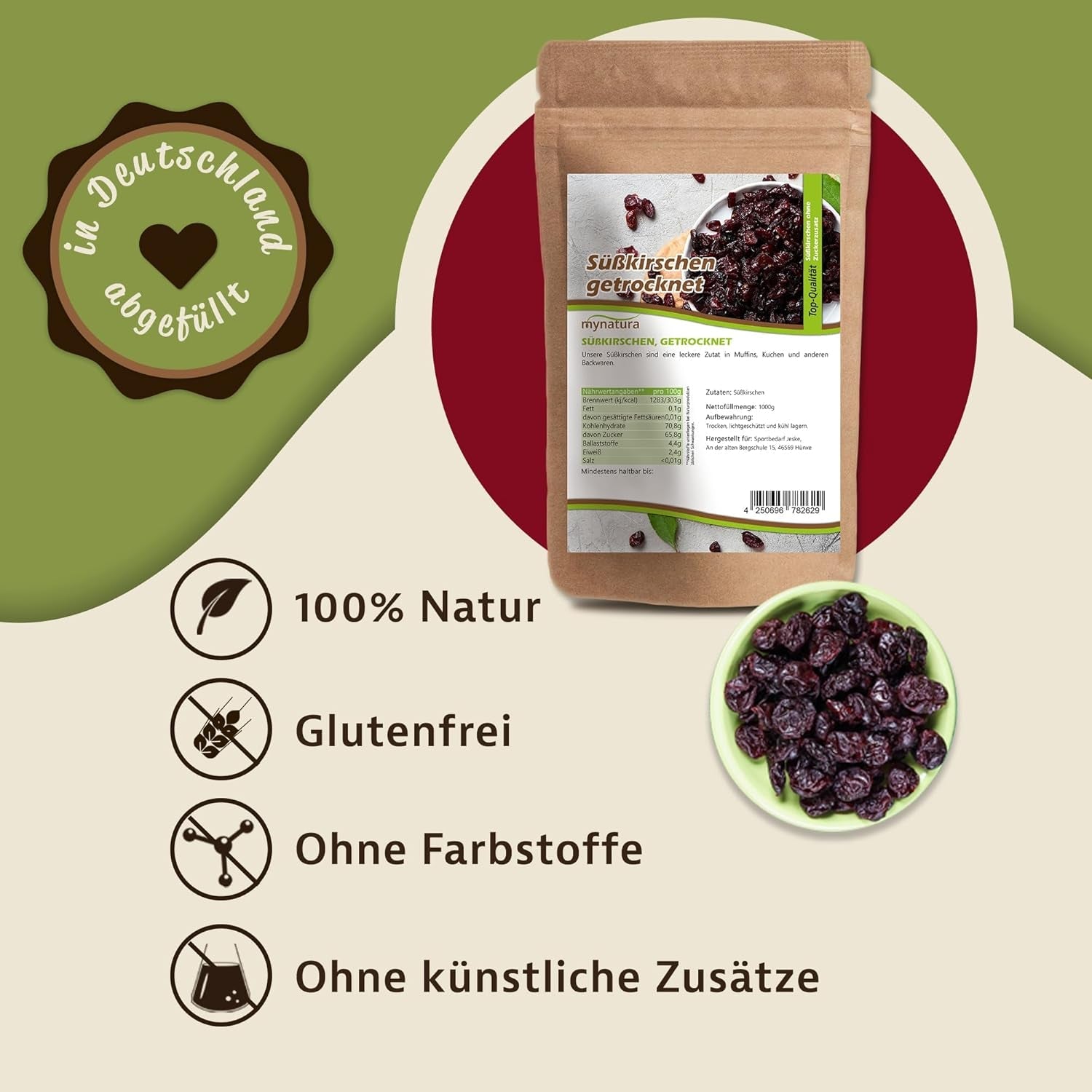 Mynatura sladké, sušené, bezsemenné třešně I Neslazené I Sušené ovoce I Bez přísad I Pečení I Třešně I Svačina I Müsli I Veganské I Sáček (1x 1000g) Dehydrované produkty Naty Shop
