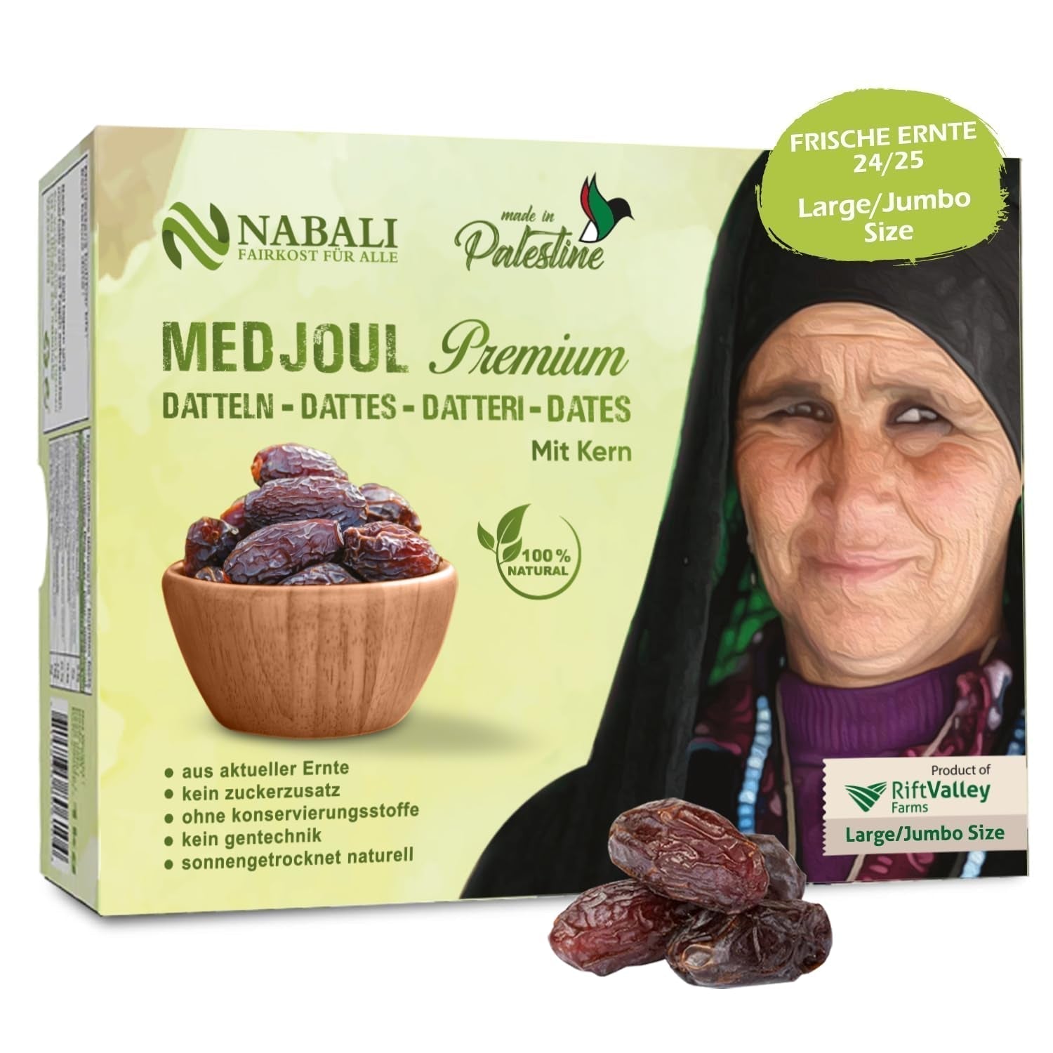 NABALI FAIRKOST FOR ALL Dates Medjool Medjoul z Palestiny - 100% přírodní veganské aromatické tradiční čerstvé a orientální I bez konzervantů 5 kg (1 balení), Small/Medium Dehydrated products Naty Shop 1 kg (1 pack), Large/Jumbo