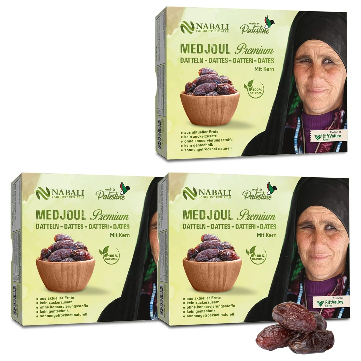 NABALI FAIRKOST FOR ALL Dates Medjool Medjoul z Palestiny - 100% přírodní veganské aromatické tradiční čerstvé a orientální I bez konzervantů 5 kg (1 balení), Small/Medium Naty Shop dehydratované produkty 1kg (3 balení) Large/Jumbo