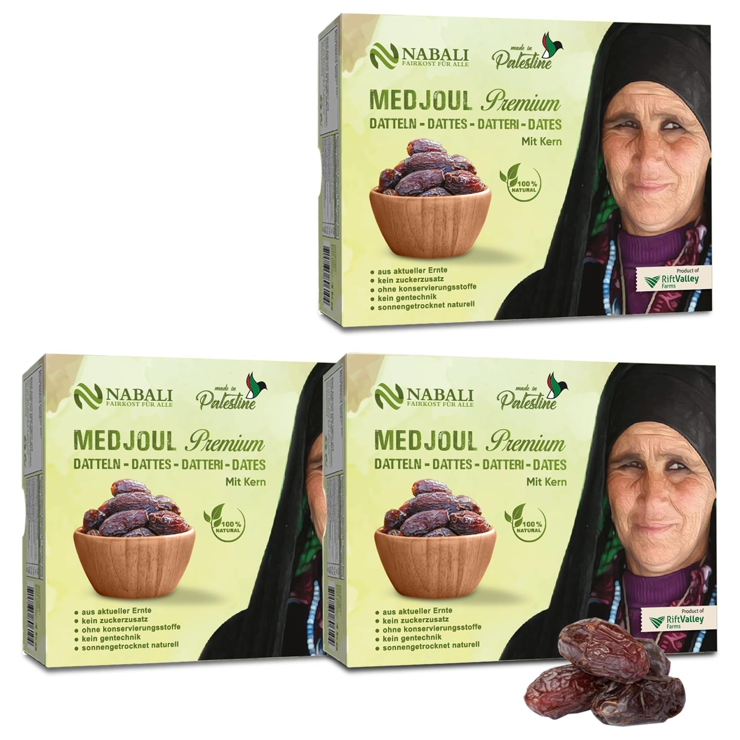 NABALI FAIRKOST FOR ALL Dates Medjool Medjoul z Palestiny - 100% přírodní veganské aromatické tradiční čerstvé a orientální I bez konzervantů 5 kg (1 balení), Small/Medium Naty Shop dehydratované produkty 1kg (3 balení) Large/Jumbo