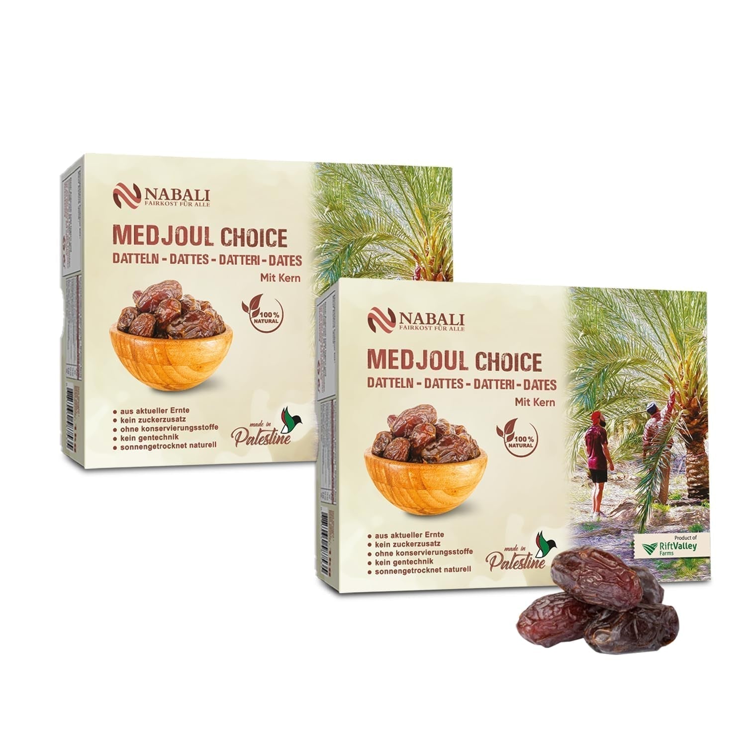 NABALI FAIRKOST FOR ALL Medjoul - Medjool Dates Choice I - 100% přírodní aromatický svěží orientální jemný I sladký jako med a karamelizovaný I Původ: Palestina I (1x1KG) Dehydrované produkty Naty Shop 2 kg (1 balení)