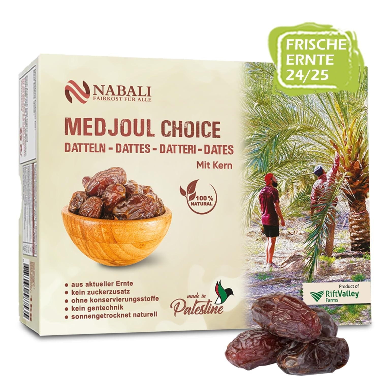 NABALI FAIRKOST FOR ALL Medjoul - Medjool Dates Choice I - 100% přírodní aromatický svěží orientální jemný I sladký jako med a karamelizovaný I Původ: Palestina I (1x1KG) Dehydrované produkty Naty Shop 1 kg (1 balení)