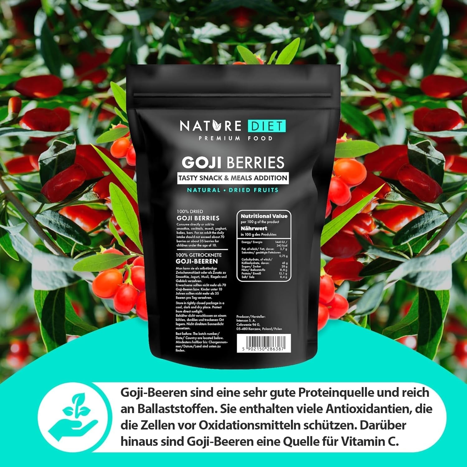 Nature Diet - Goji bobule 1000 g | Sušené bobule | Zdravá svačina Dehydrované produkty Naty Shop